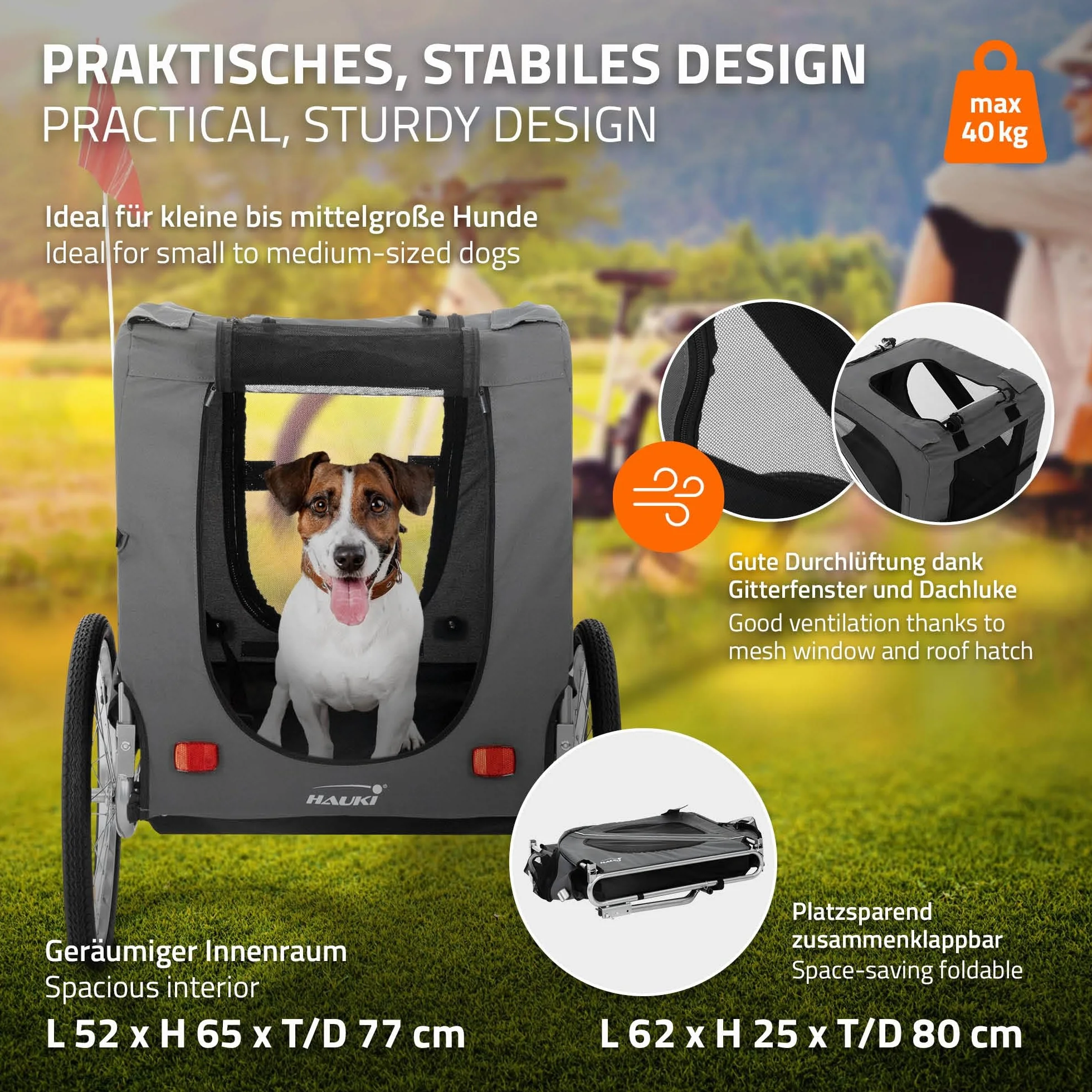 Hauki Remorque 2in1 de Vélo et Poussette de Chien, Pliable, Gris, en Acier/Tissu Oxford, 130x72x90 cm, Chariot avec Réflecteurs Laisse et Drapeau, Charge Max. 40 kg, Transport d'animaux de Compagnie