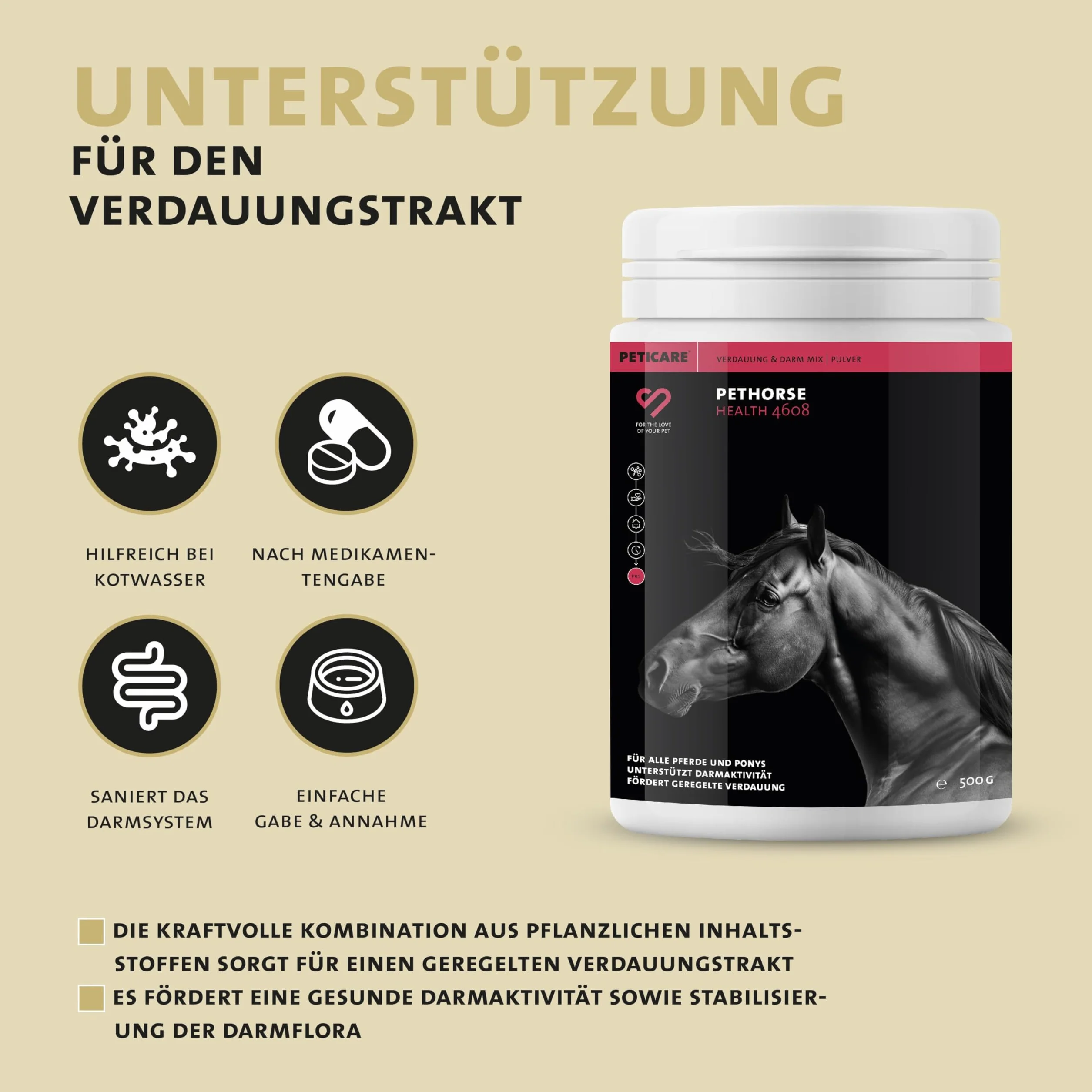 Peticare Poudre Digestive Naturelle pour Chevaux - Soutien Santé Intestinale & Immunitaire, Flore Intestinale, sans GMO