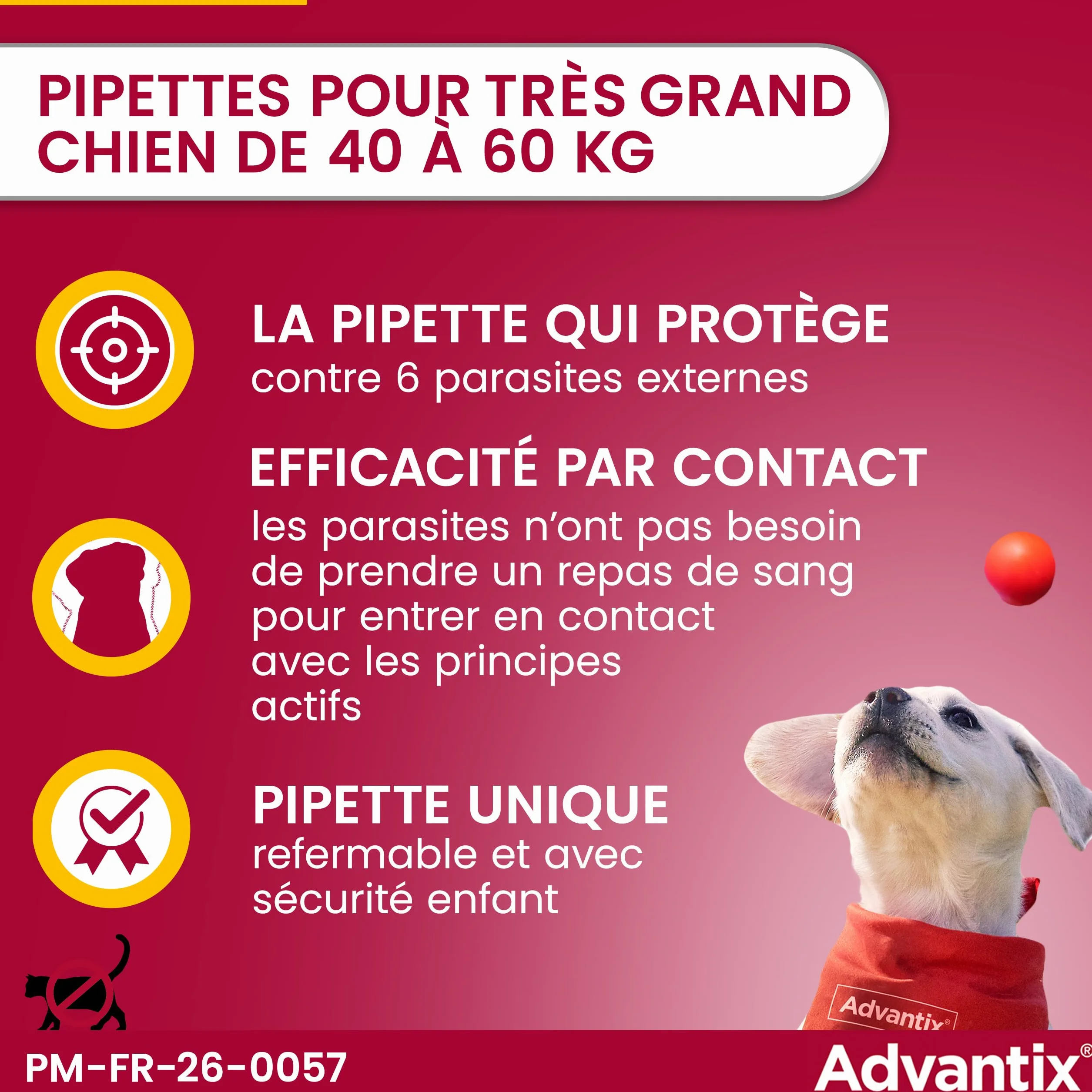 Advantix Très Grand Chien 40-60 kg Pipettes 6 Parasites Traitement 4 Semaines 6 x 6,0 ml