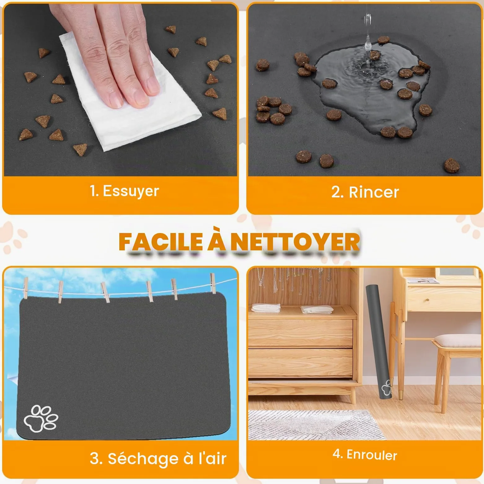 Tapis de nourriture pour chien, 100,1 x 80 cm, le plus grand tapis absorbant pour la nourriture et l'eau, tapis antidérapant pour gamelle pour chat, pas de taches, séchage rapide pour distributeur
