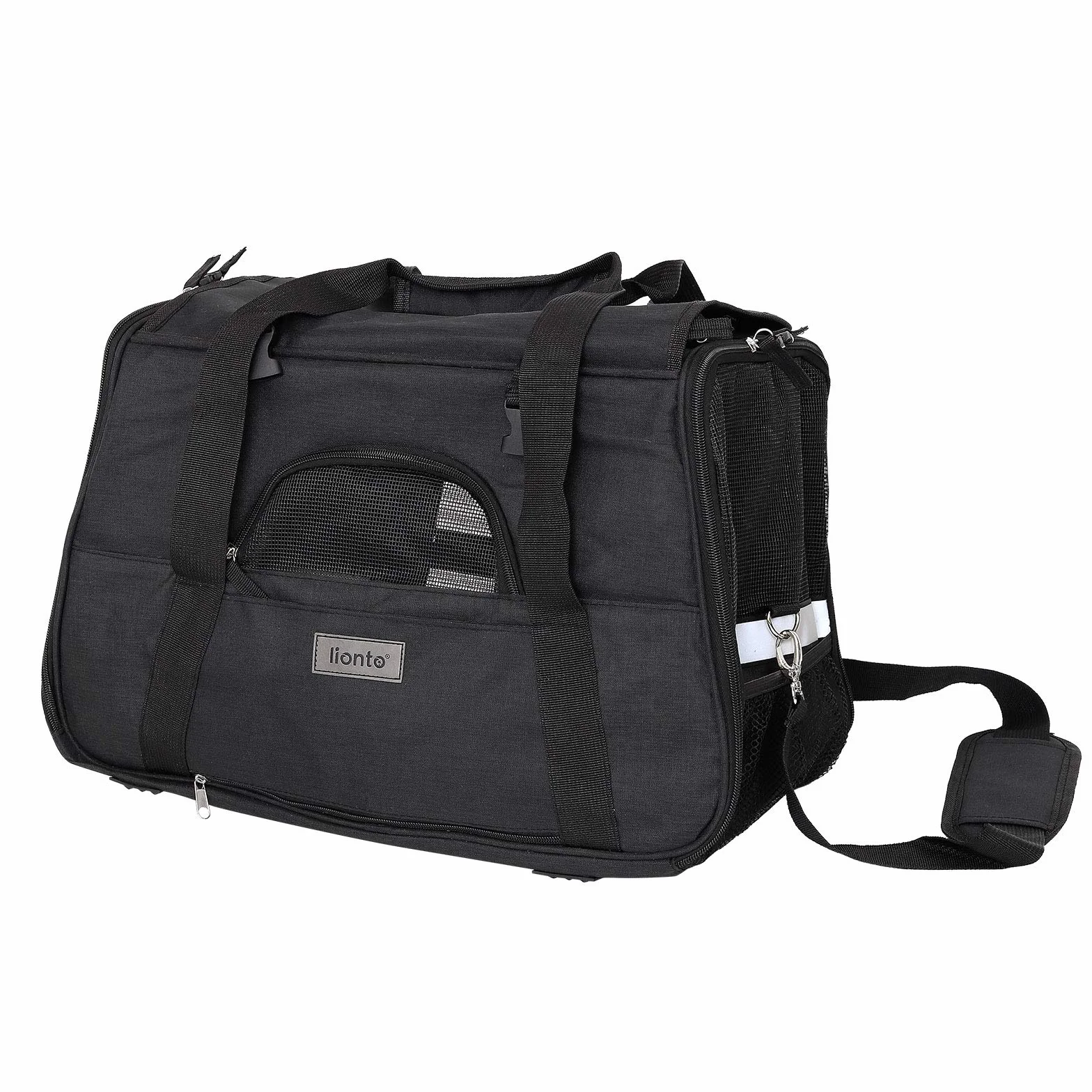 lionto Caisse de Transport Pliable pour Chien avec poignées et bandoulière, 48,5x27x31,5 cm, en Tissu Oxford Robuste et Maille, Caisse pour Chat avec Coussin Doux, idéale pour l’Avion, Noire