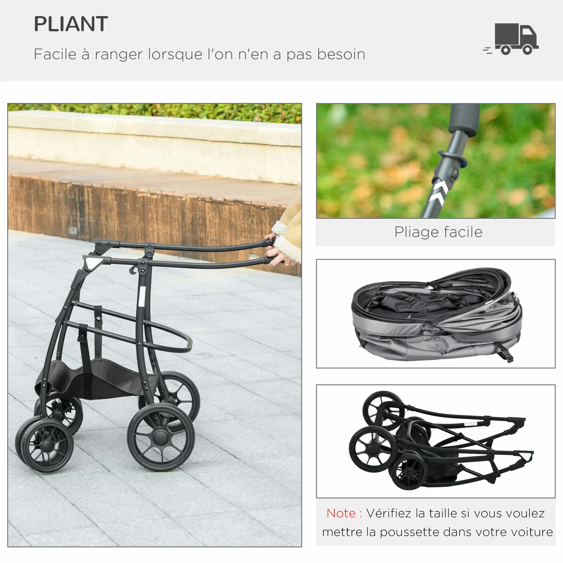 PawHut Poussette pour chien et chat 2 en 1 pliante chariot nacelle amovible 10 kg acier gris