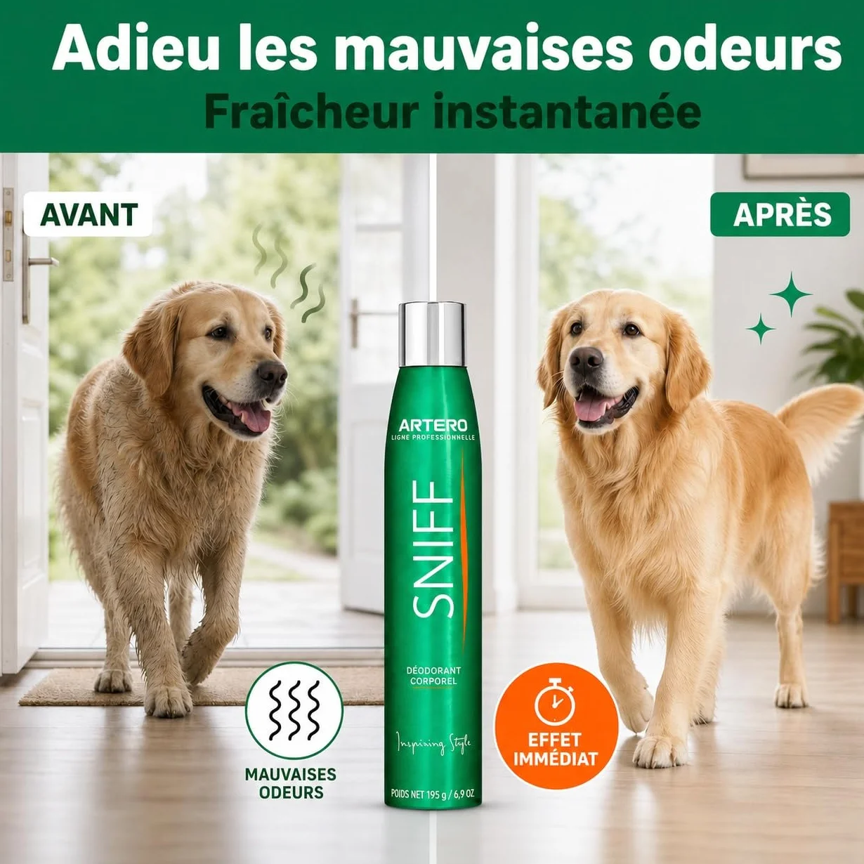 ARTERO Sniff Désodorisant pour Chiens 300ml - Élimine Mauvaises Odeurs, Spray Corps Longue Durée, Vegan sans Parabènes