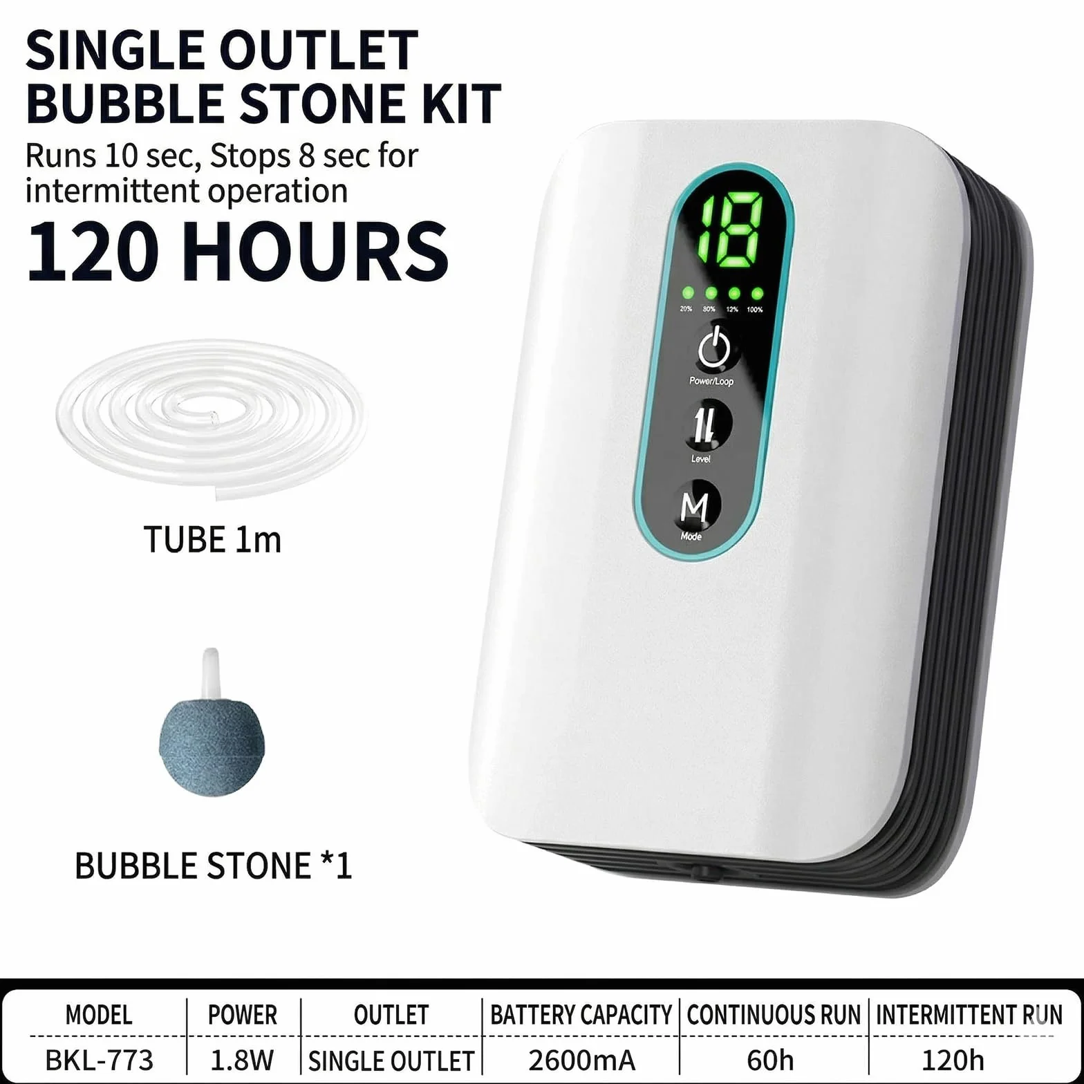 Behogan Pompe à air pour aquarium rechargeable 1,8W 1 sortie deux modes silencieuse débit réglable 6 niveaux