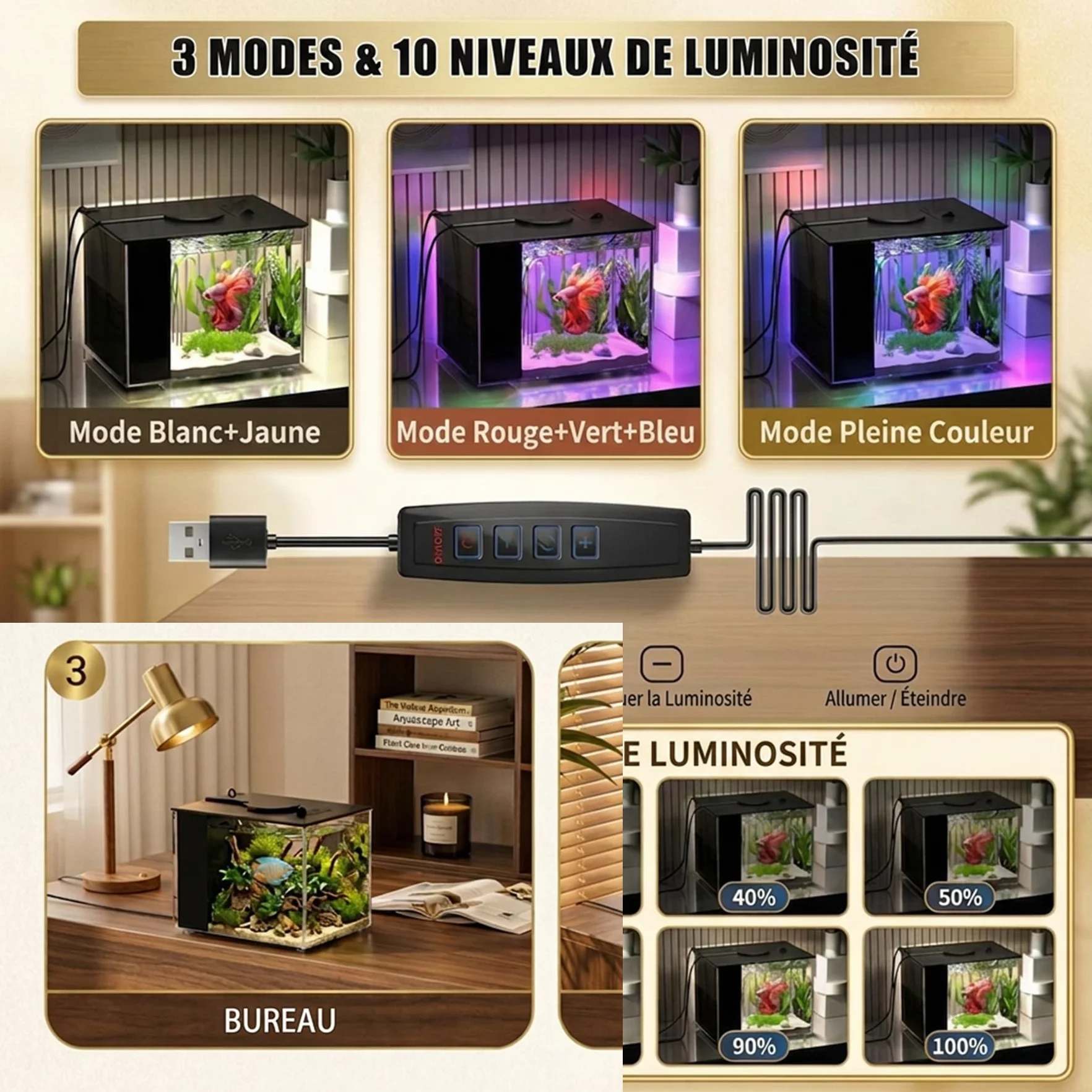 Petit Aquarium Complet 3,7L en Acrylique avec Pompe de Filtration et éclairage LED pour Betta, Crevettes, Plantes (Noir)