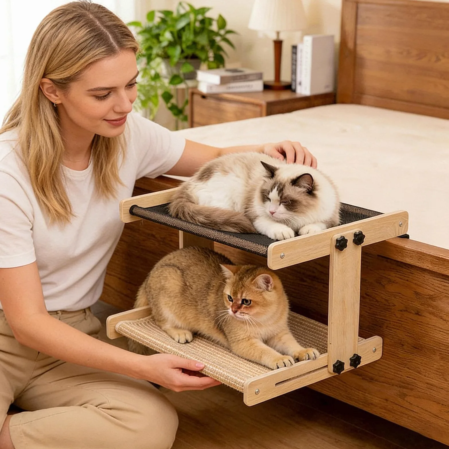 Perchoir Chat Chevet Hamac suspendu en bois pour animaux de compagnie | Perchoir suspendu pour chat Pour maison, appartement, salon, chambre, balcon, bureau, table de chevet, rebord de