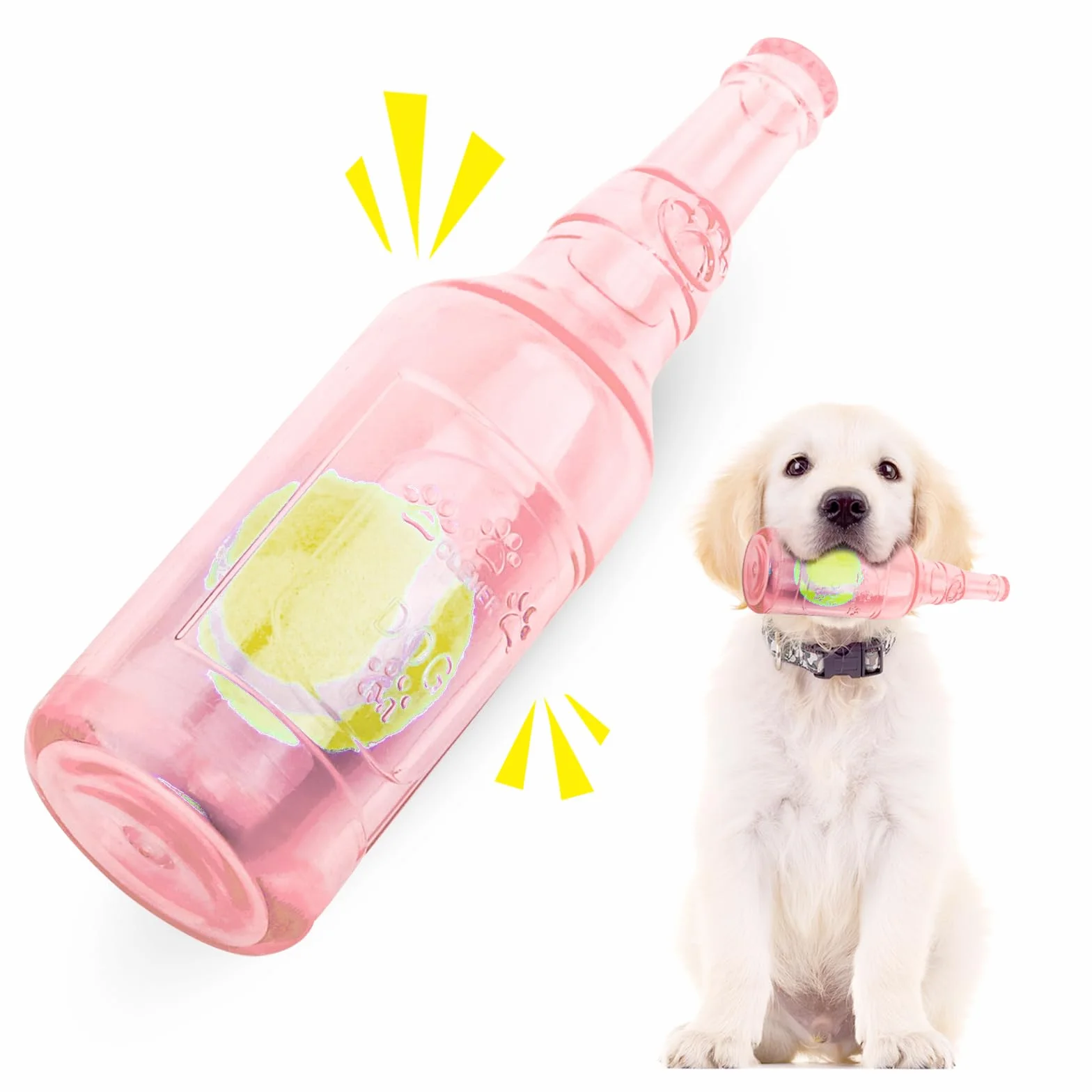 Jouet chien caoutchouc bouteille couinement, jouet interactif résistant morsure chiots petits moyens chiens rose