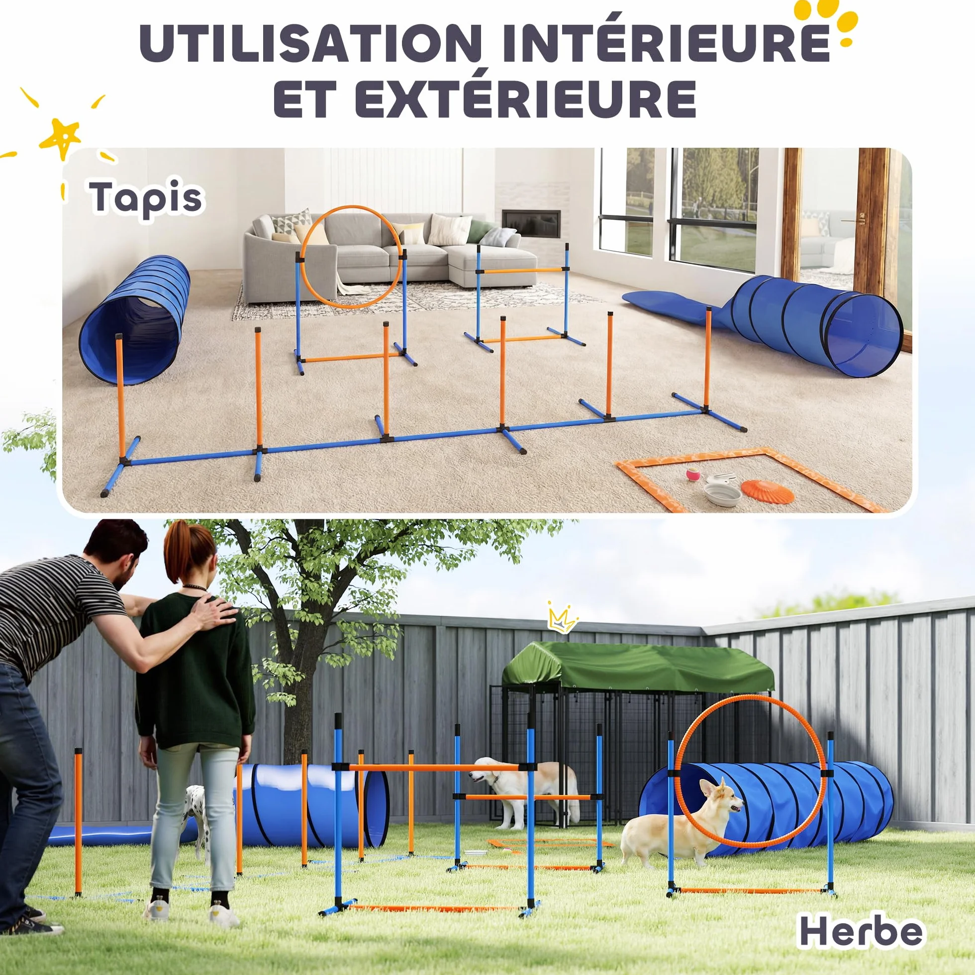 PawHut Ensemble d'Agilité pour Chien 11 Pièces avec 2 Tunnels, Sauts Ajustables, Anneau, Piquets, Zone de Pause, Sac de Transport