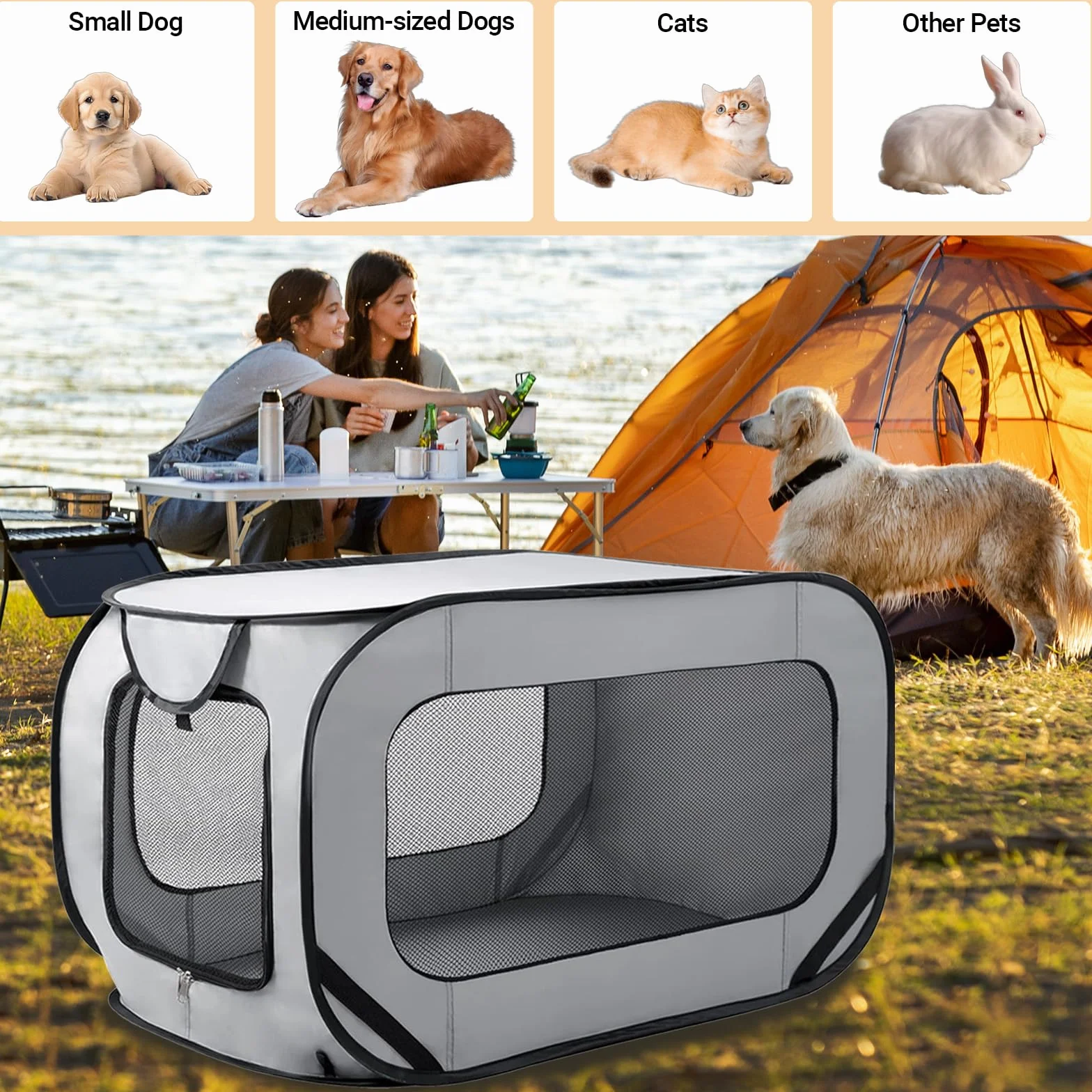 Parc Pliable pour Chien Cage Portative Clôture Animaux Tissu Oxford Imperméable Gris