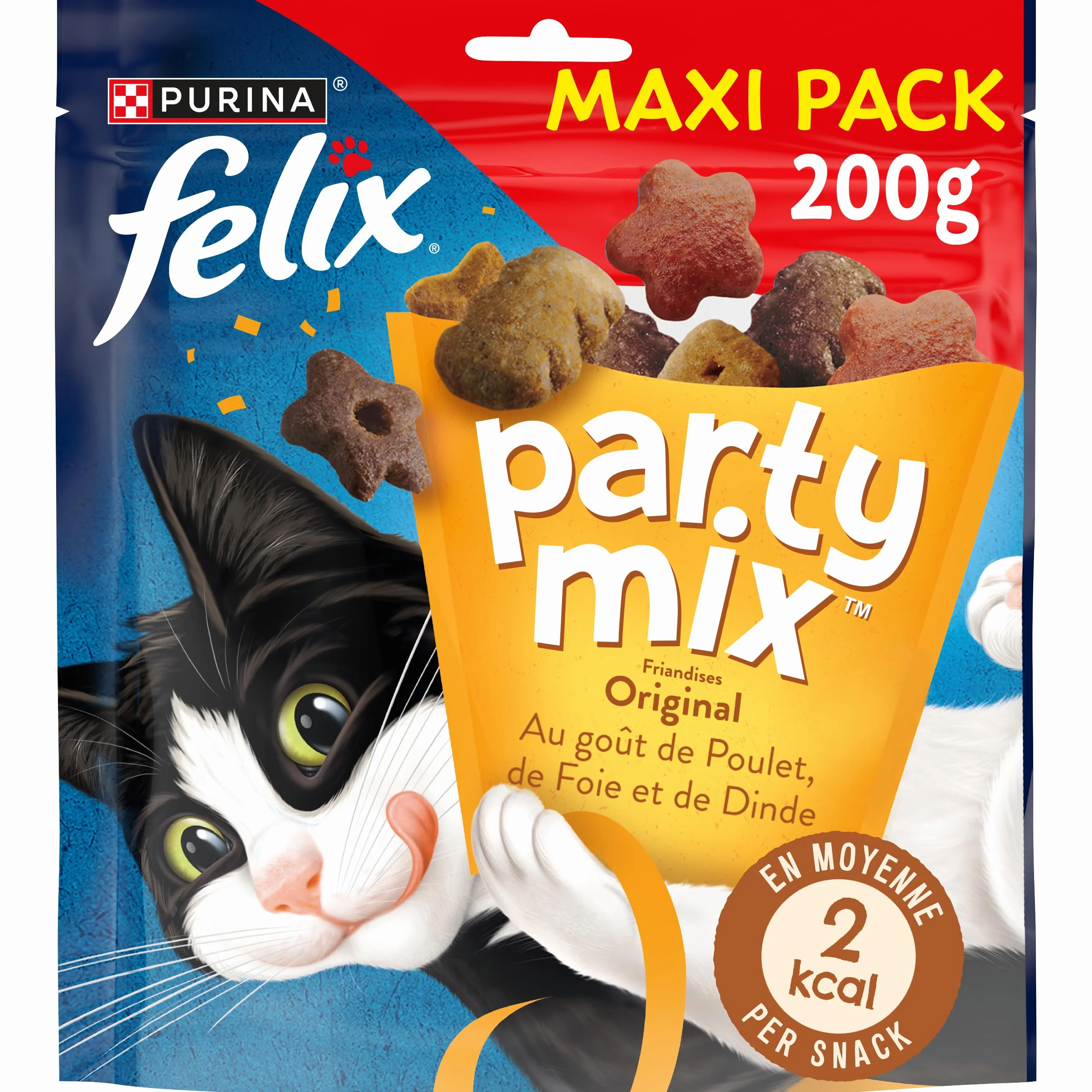 Felix Party Mix Friandises pour Chat Adulte Riches en protéines vitamines acides gras oméga 6 Sélection Mixte Poulet Foie Dinde Sac Lot de 5 x 200g