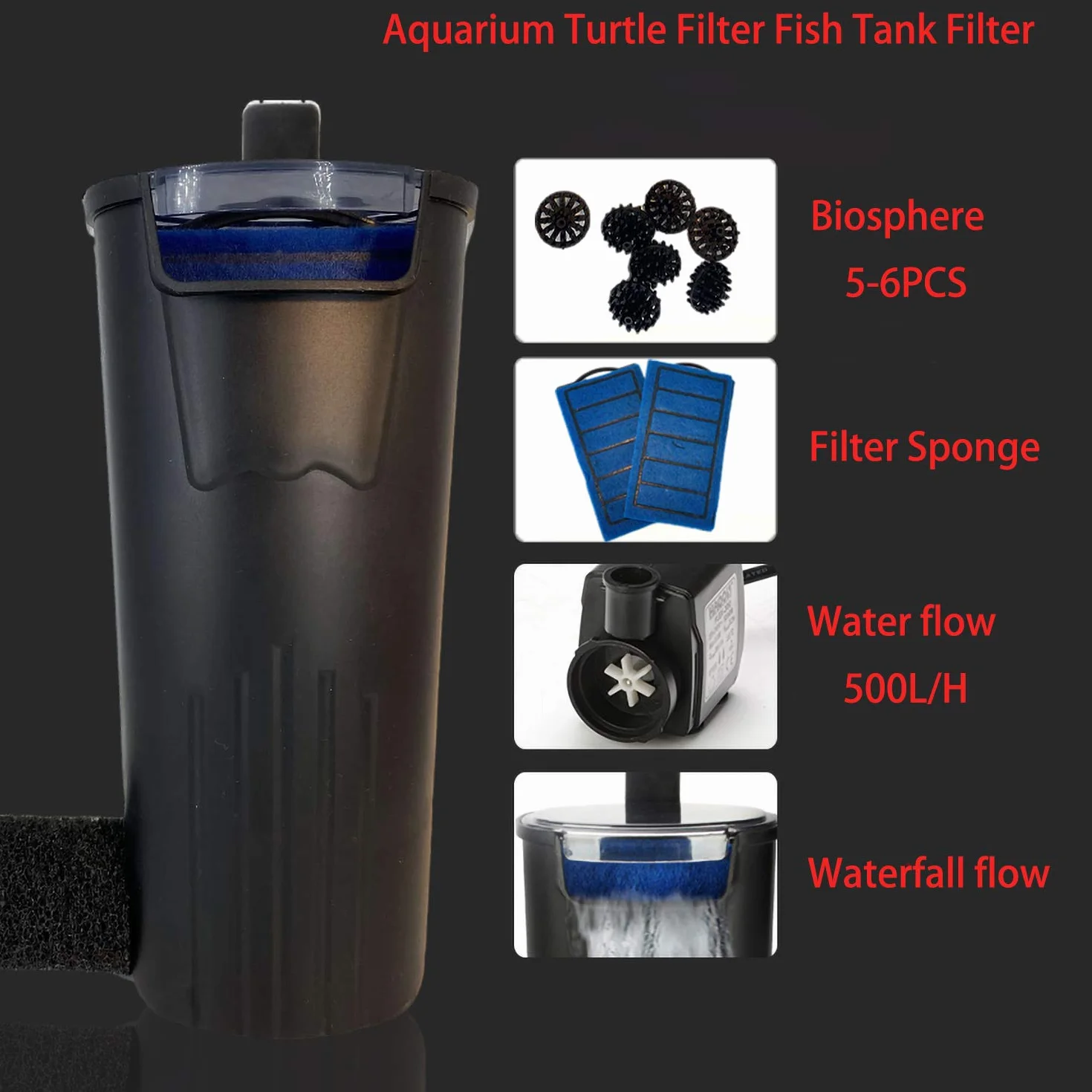 Filtre pour tortue d'aquarium submersible 600 l/h Noir