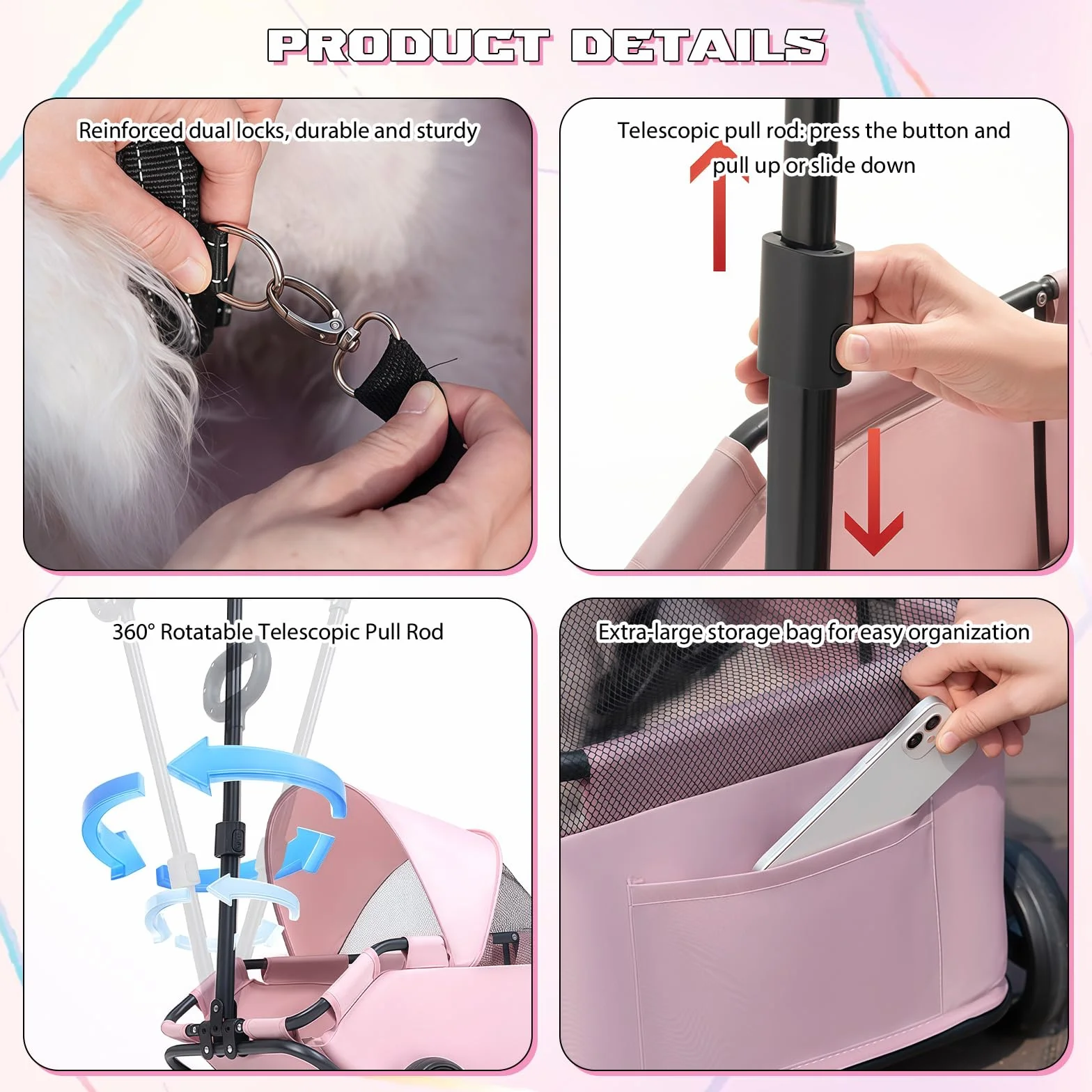 Chariot pour chien pliable 4 roues barre pivotante 360° Tissu Oxford 600D rose