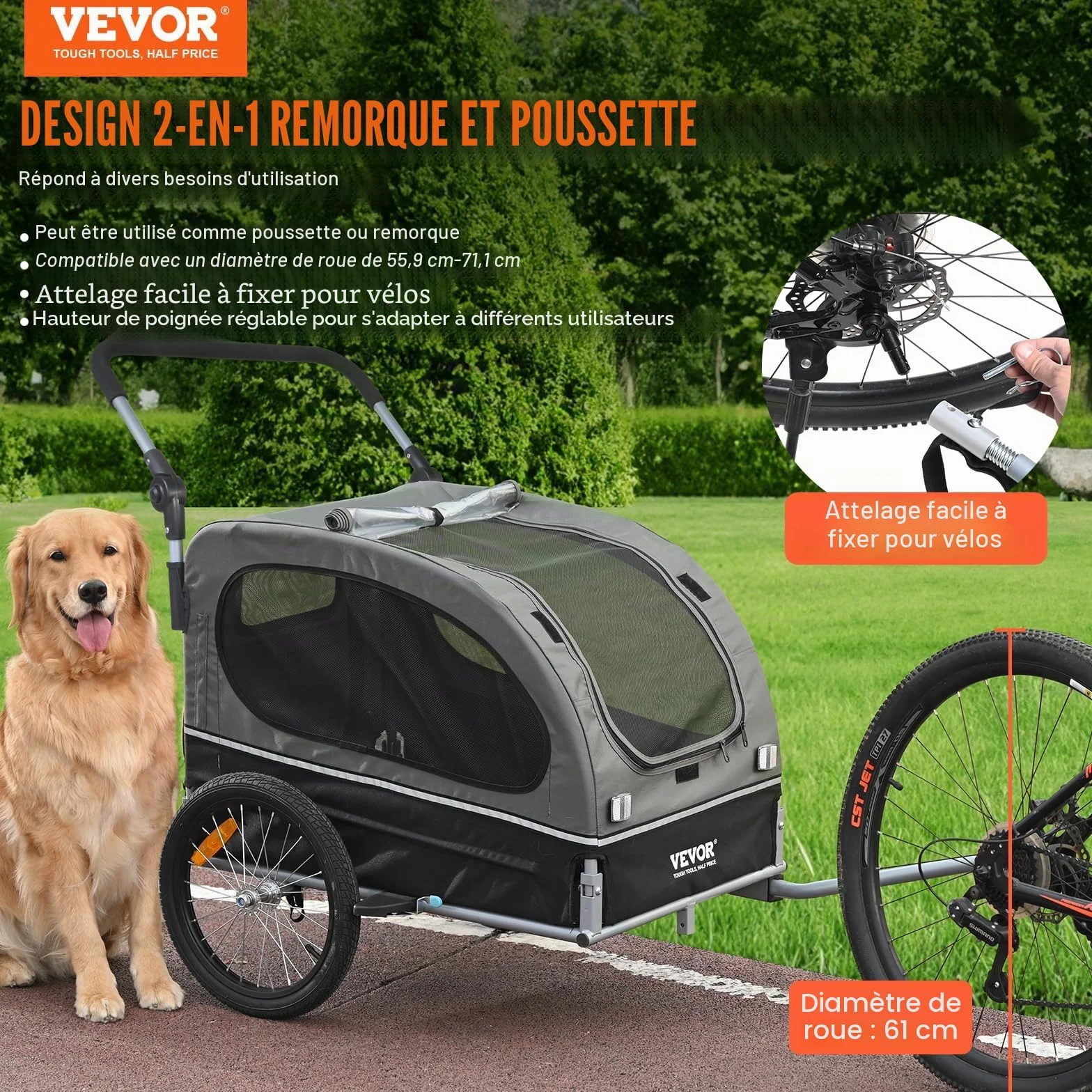 VEVOR Remorque vélo pour Chien, Charge 40 kg, Poussette d'animaux de Compagnie 2 en 1, Cadre Pliable Facile avec Roue à dégagement Rapide, coupleur de vélo Universel, Laisse Interne