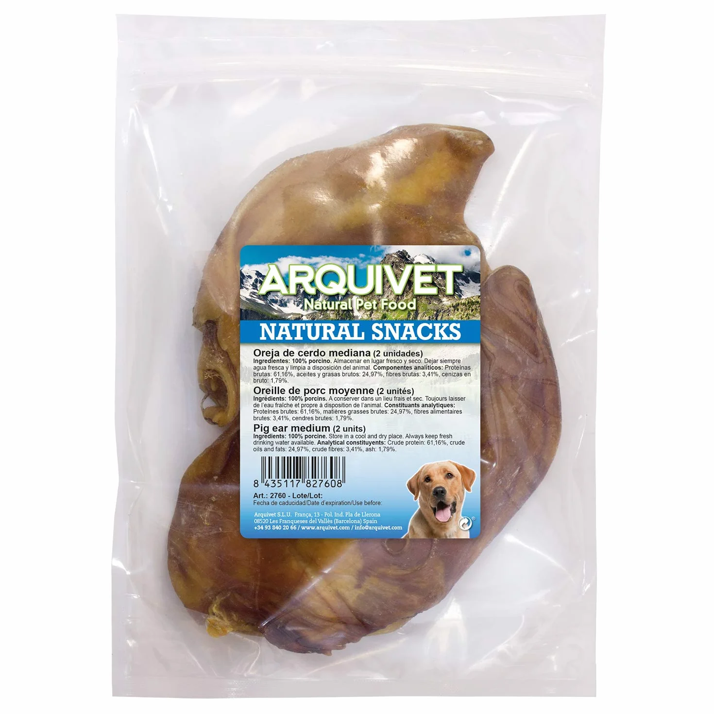 Arquivet Oreille de Porc Moyenne Natural Snacks pour Chiens Sac 2 unités