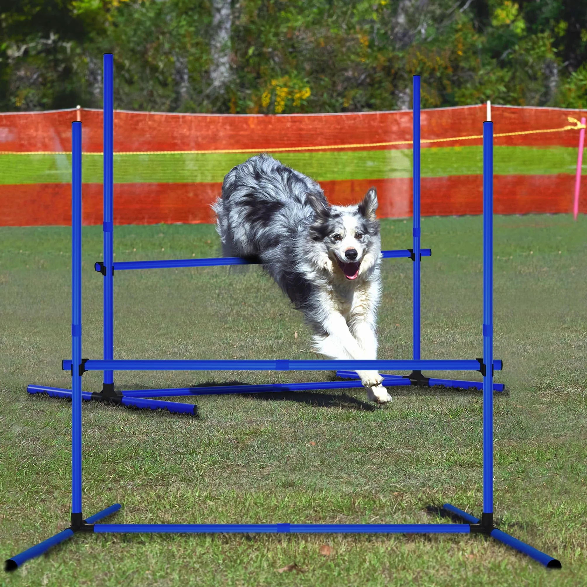 Froadp Agility Lot de 4 obstacles pour chiens - Slalom - Barres réglables en hauteur - 104 x 70 x 101 cm - Bleu