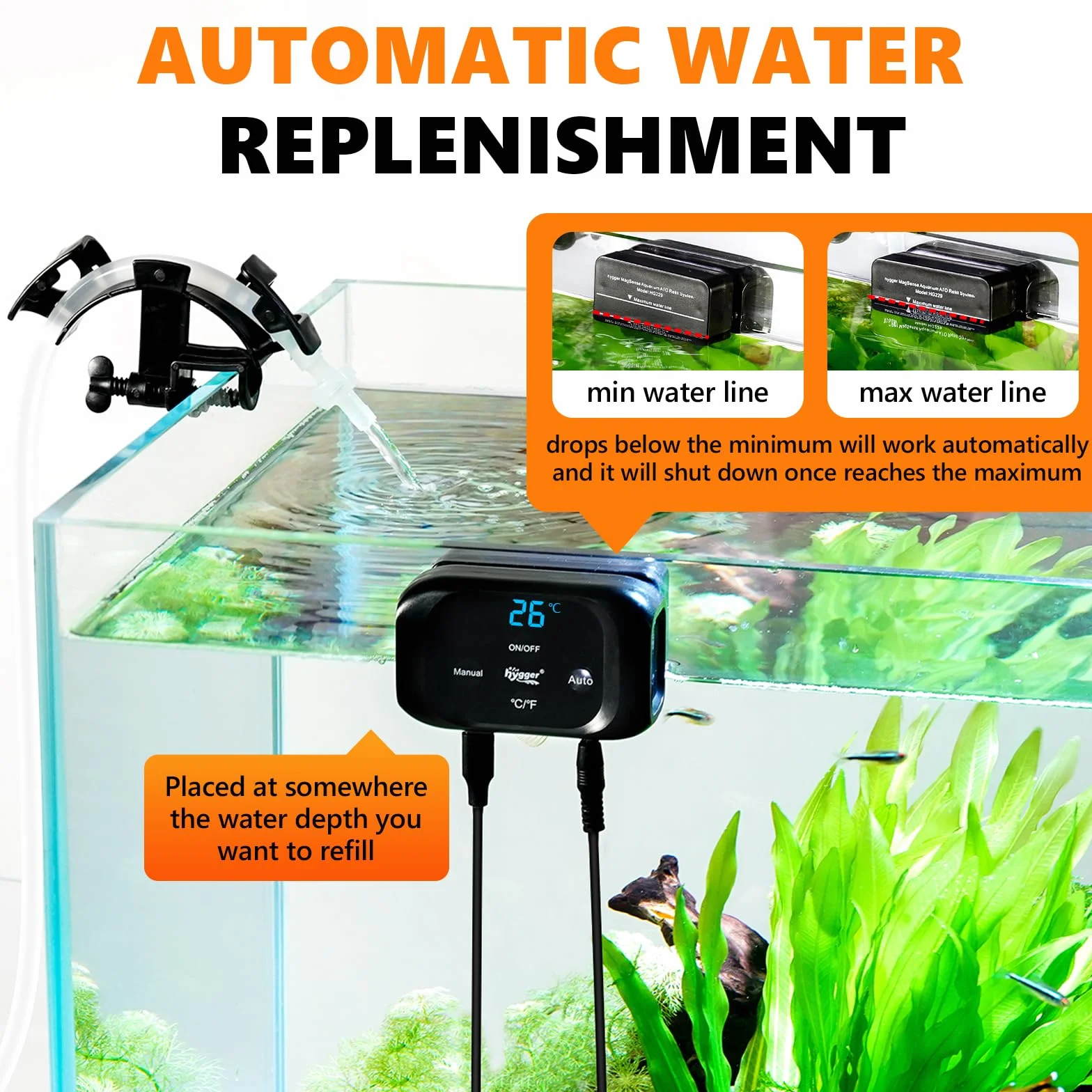 hygger Système de Recharge Automatique ATO pour Aquarium, Contrôleur de Niveau d'Eau Automatique avec Pompe