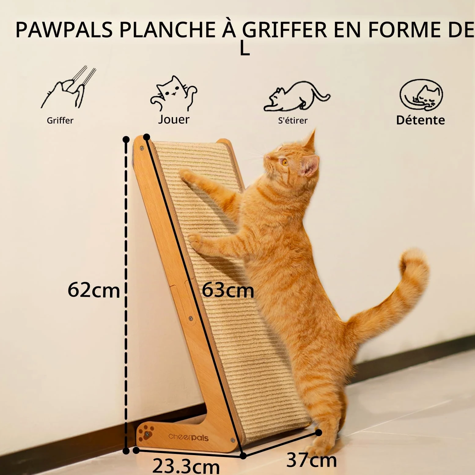 CheerPals Arbre à chat double face en sisal pour chat - 63 cm de haut - Bois de hêtre massif et sisal naturel - Arbre à chat en forme de L pour tous les chats - Pour jouer, se détendre
