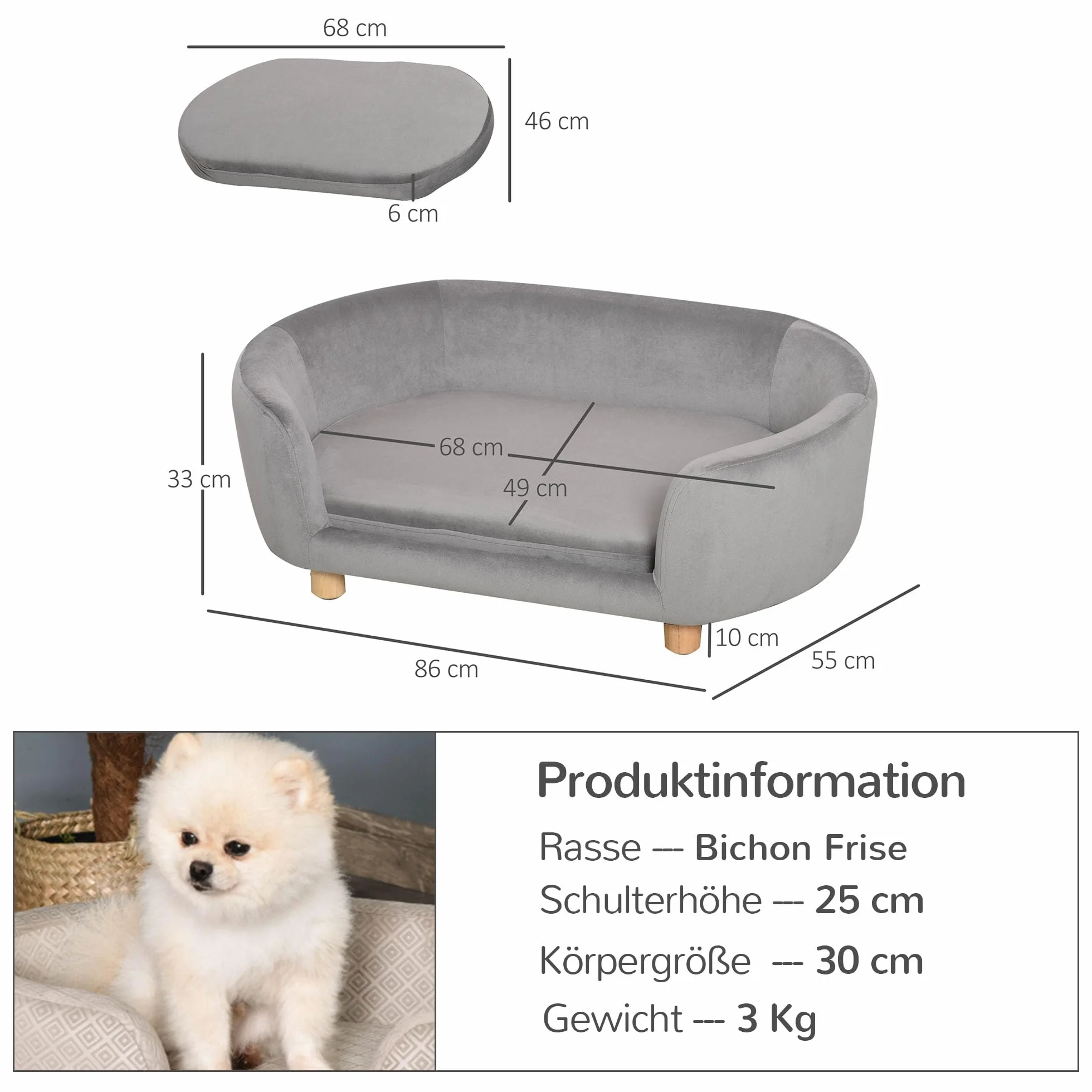 Pawhut Canapé pour chien Lit velours hollandais Mousse Pieds bouleau 86 x 55 x 33 cm Vert clair