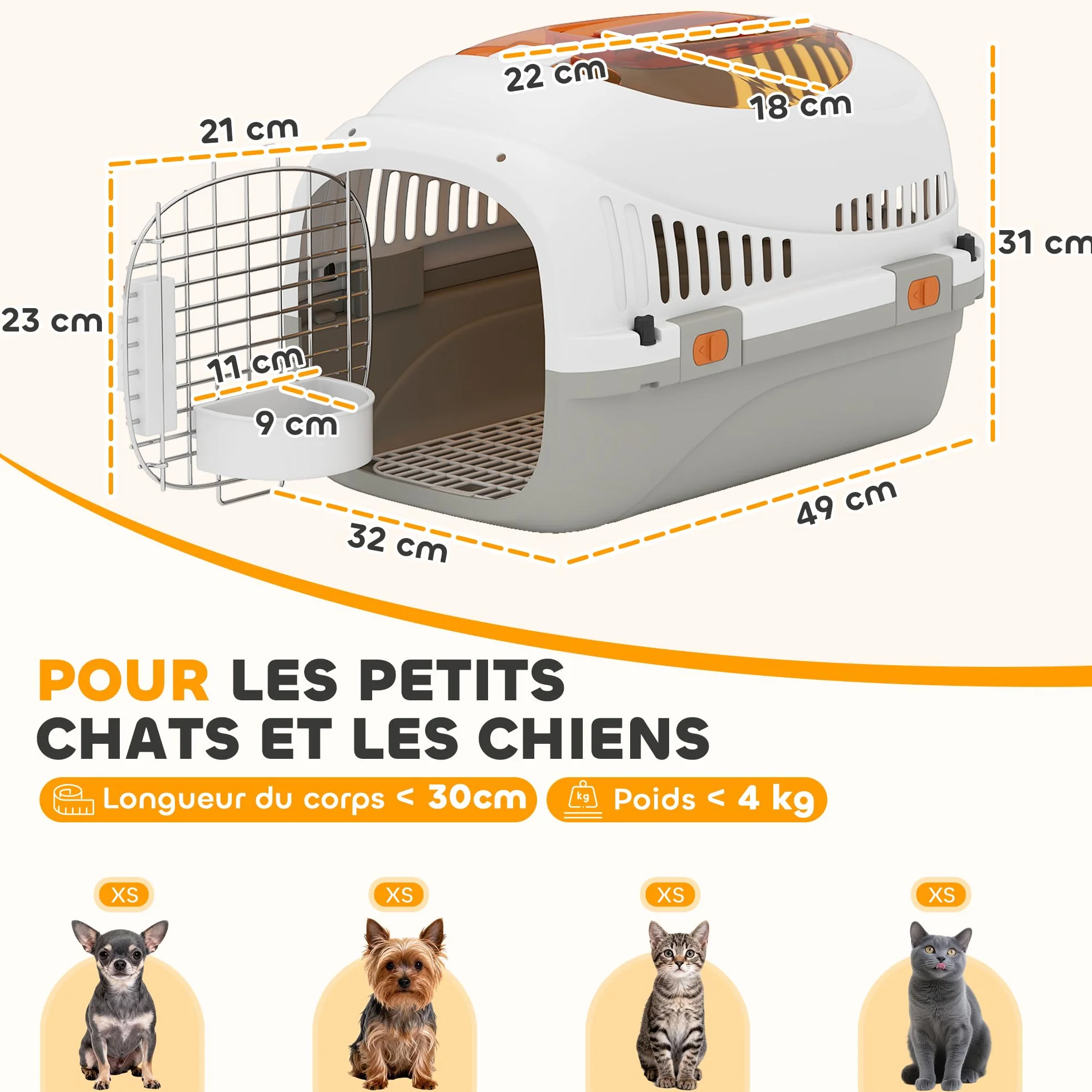 PawHut Caisse de Transport Chat et Chien jusqu'à 4 kg, 49 x 32 x 31 cm, Gris et Crème