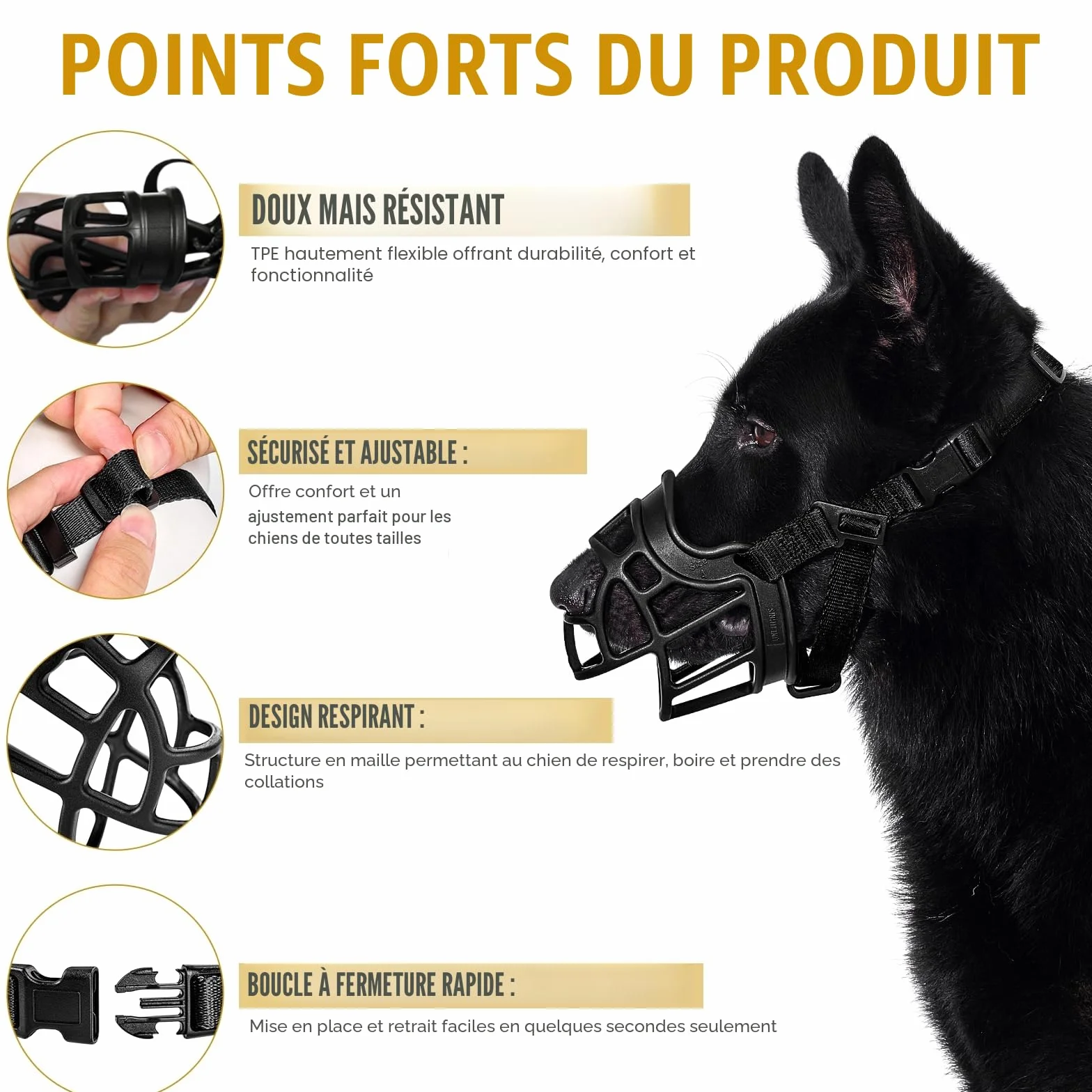 OneTigris Muselière souple pour chiens en caoutchouc résistant avec sangle réglable Convient pour les chiens de moyenne et grande taille Prévention des aboiements et morsures - Taille XL (5)