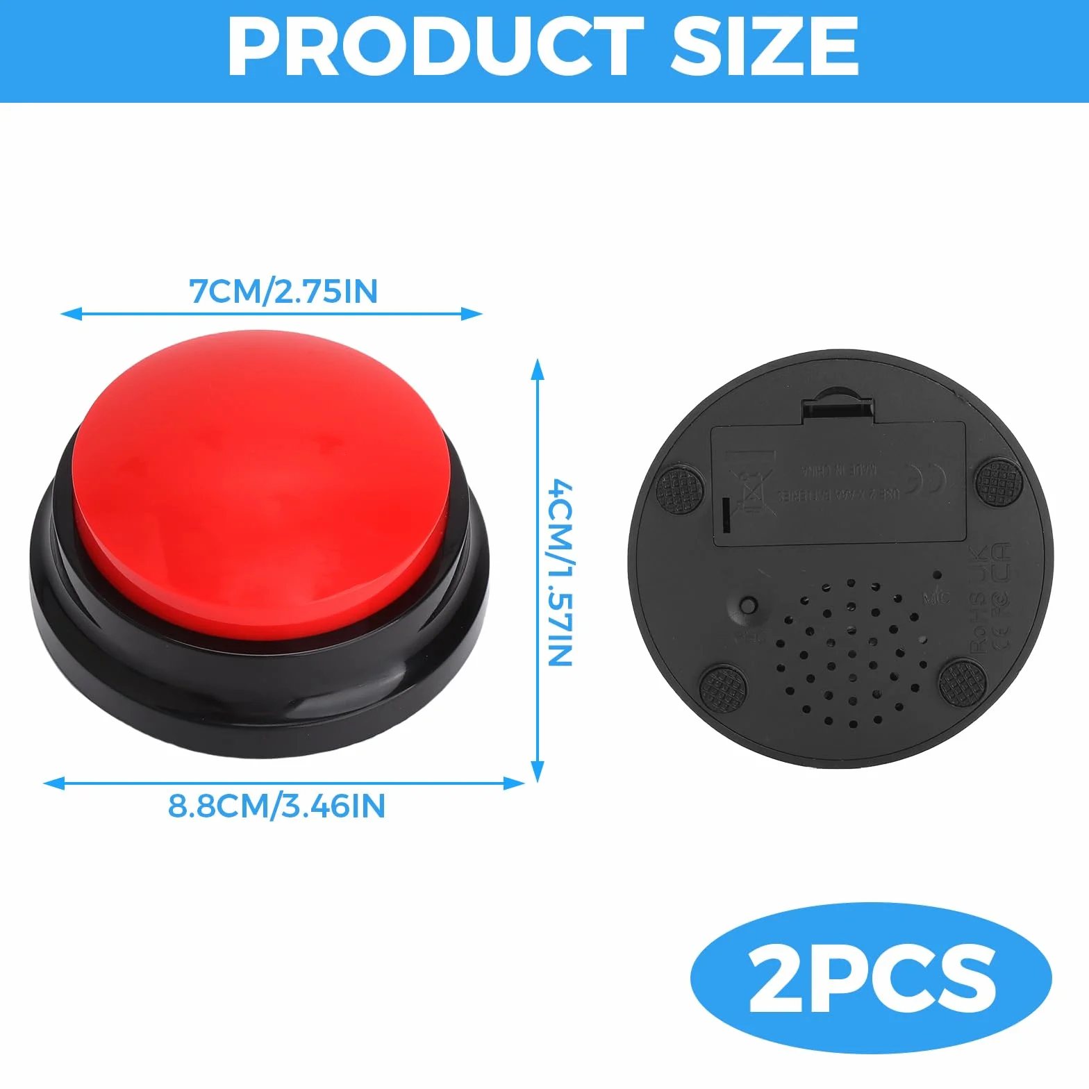 HENGBIRD Lot de 2 Buzzer pour Jeux de Questions, Buzzer Button, Buzzer enregistrable avec Fonction d'enregistrement de 30 Secondes, Bouton Parlant pour Chiens et Chats (Rouge et Bleu)