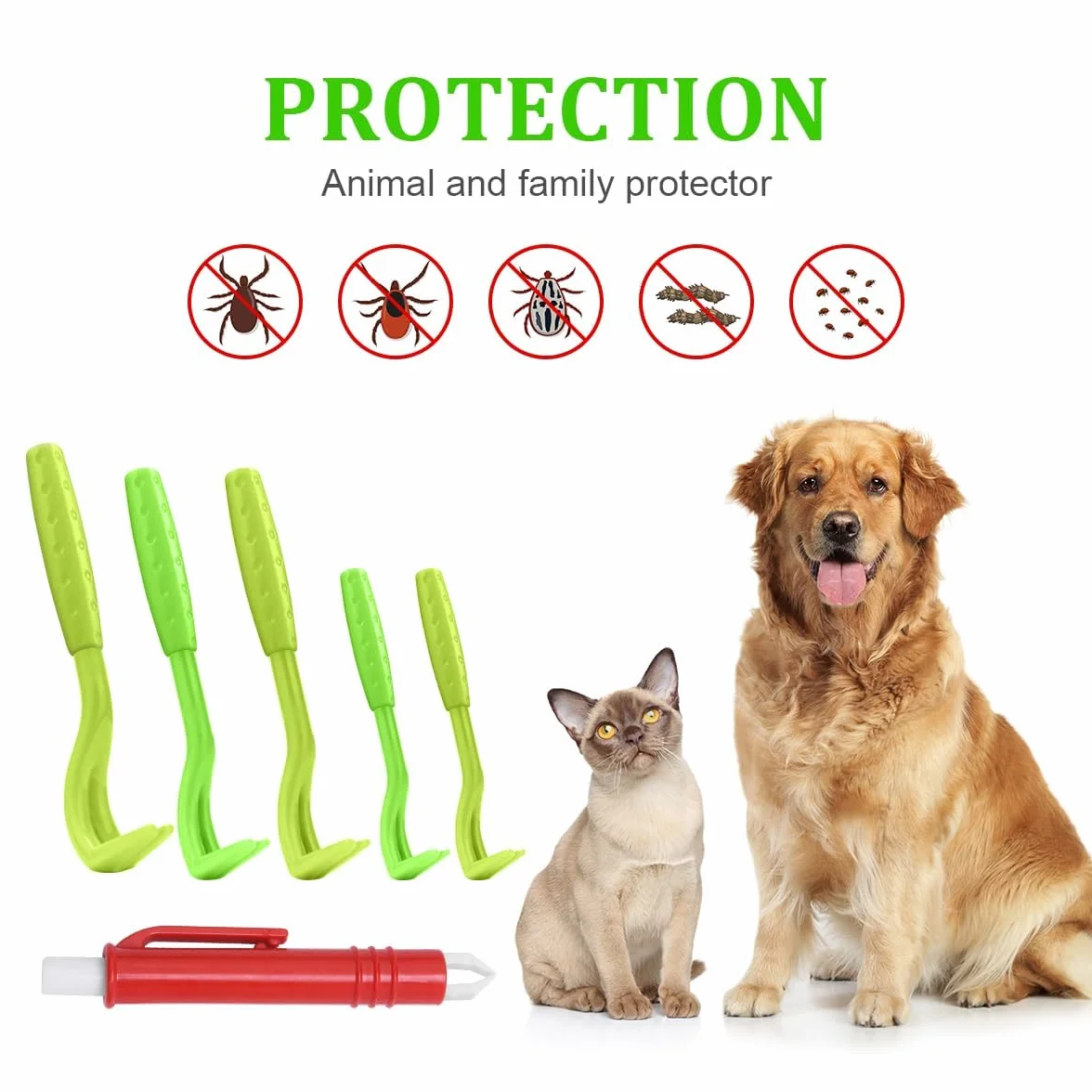 Pince à Tiques Plastique 6 Pièces Anti Tiques pour Chien Chat Humain Vert