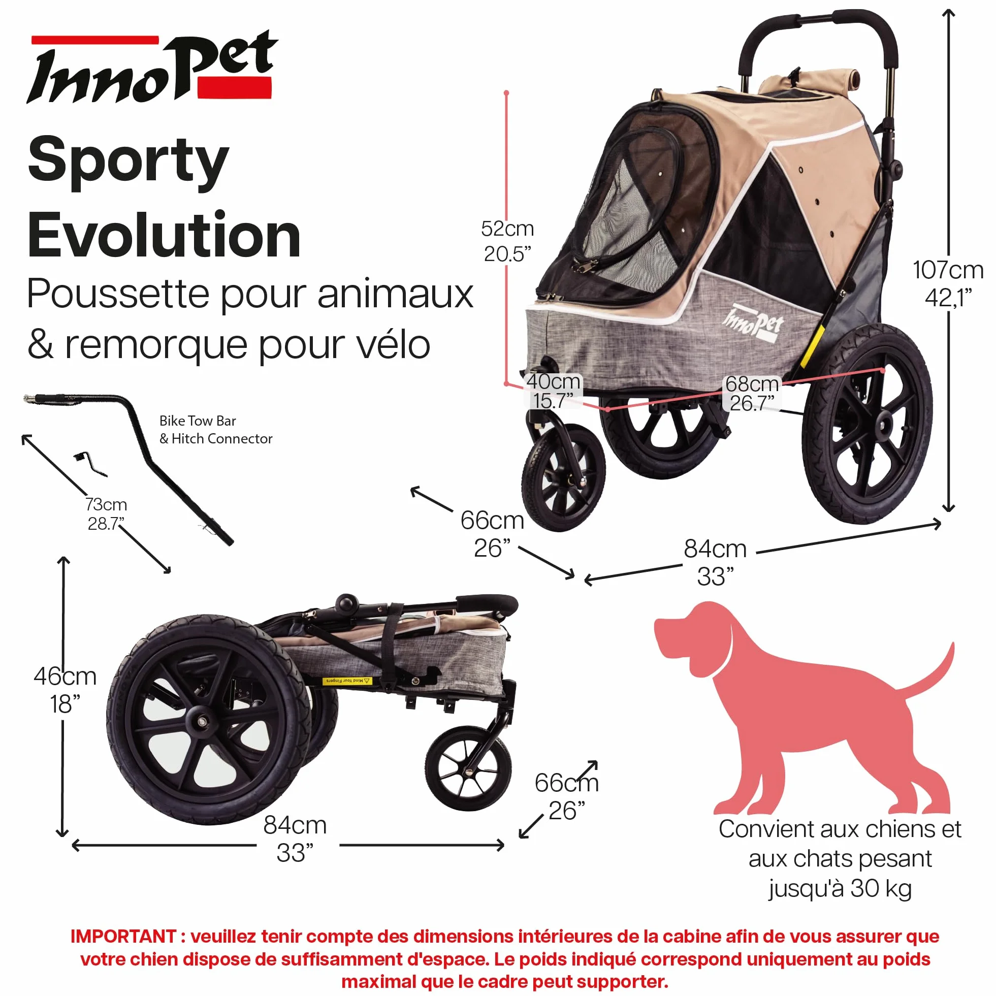 Innopet Sporty Evolution Latte Poussette et Remorque pour Chien 2 en 1 Beige/Gris 30 kg avec Housse de Pluie