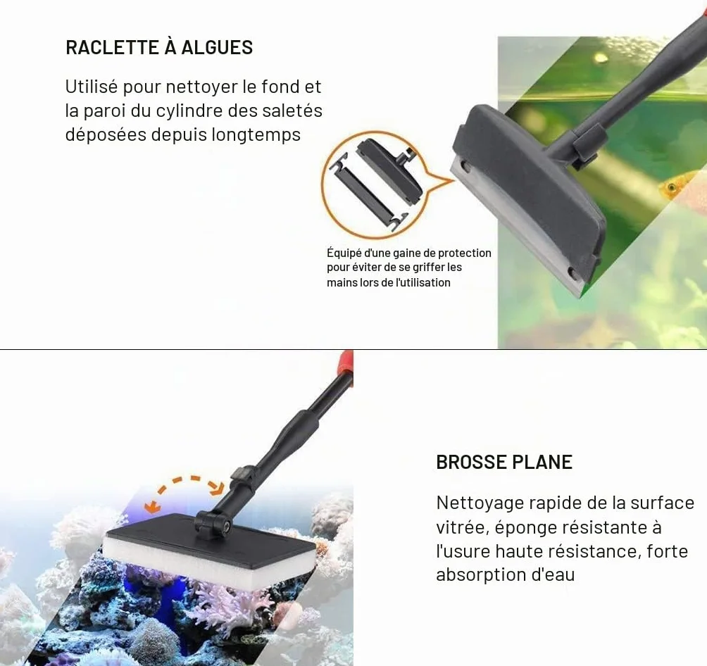 Boxtech Kit de nettoyage d'aquarium 6 en 1, Filet de pêche, Grattoir à algues, Balai à gravier, Brosse à tuyau, Éponge