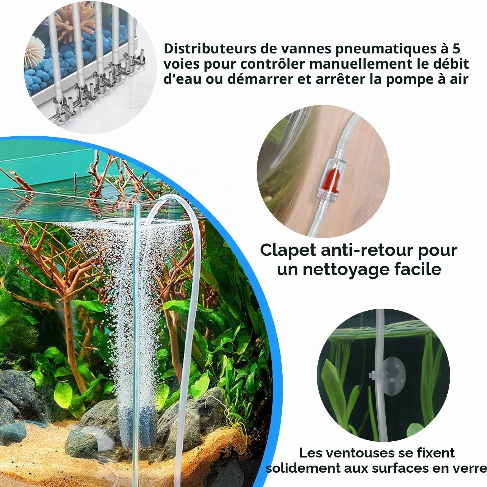 Accessoires de Pompe à Air pour Aquarium, 5 Voies Séparateur de Flux d'Air, 10M Tuyau, Pierre à Air, Valves Anti-Retour, Ventouse, Connecteurs