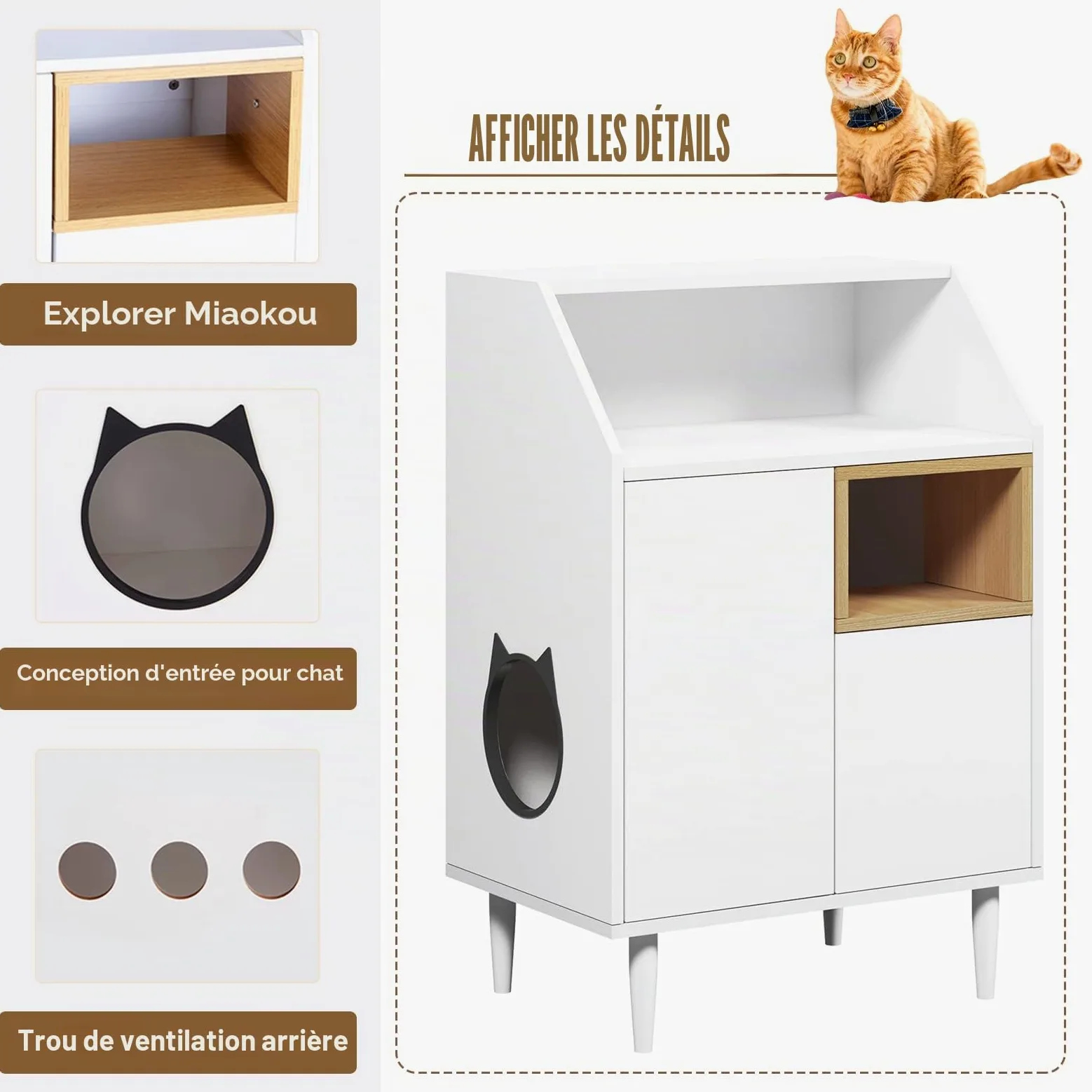 SDHYL Enceintes de bac à Litière Chat Meuble Cachée Armoire de Rangement Salon pour Chat 63 x 42.5 x 92cm Maison pour Chats d'intérieur avec 2 Trous, Ouvert en Haut