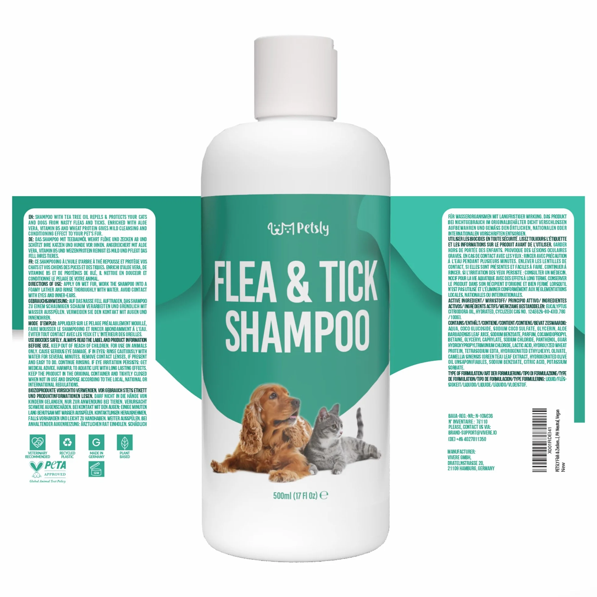 Petsly® Shampoing Anti Puces Chien Chat Chevaux -500ml- Élimine Puces & Tiques - pH Équilibré Peau Sensible, Nettoie, Apaise & Protège - Aloe Vera, Géraniol, Thé Vert, Camomile - Fabriqué en Allemagne