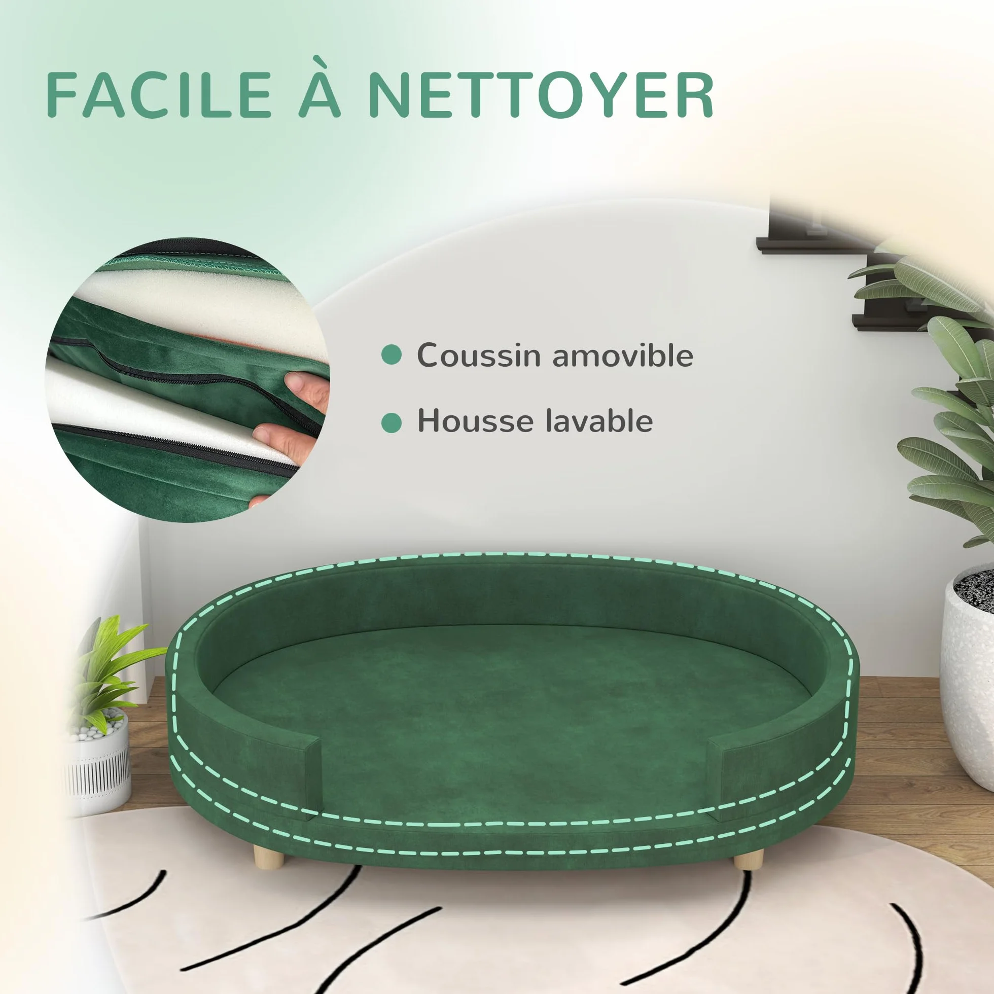 PawHut Canapé pour Chien avec Coussin Amovible, Velours Doux, Pieds Bois Massif, 100x70x25 cm, Vert