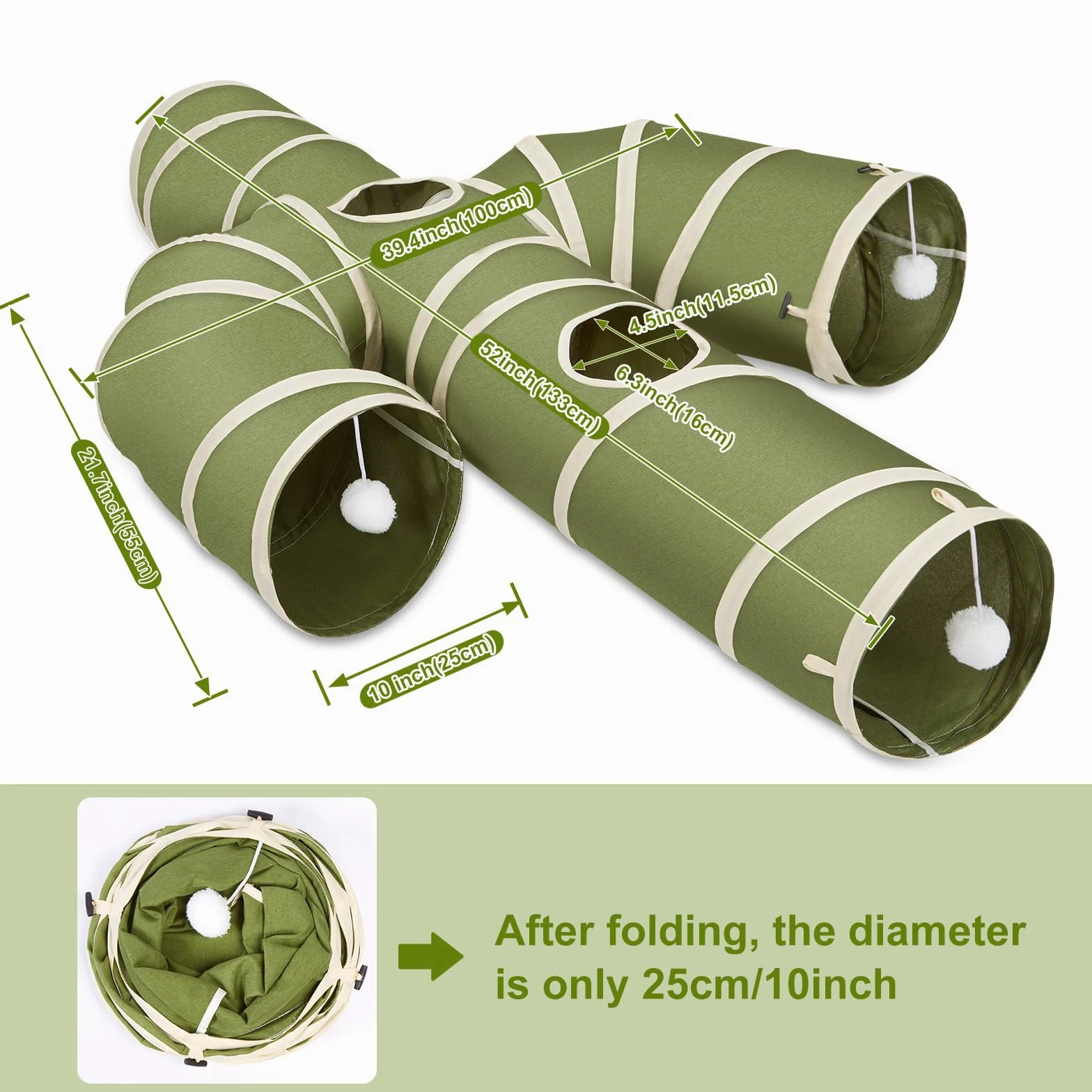 Ownpets Tunnel pour chat - Grand cactus - 4 voies - Avec tissu Oxford robuste - Pliable et indéchirable - Diamètre : 25 cm - Vert