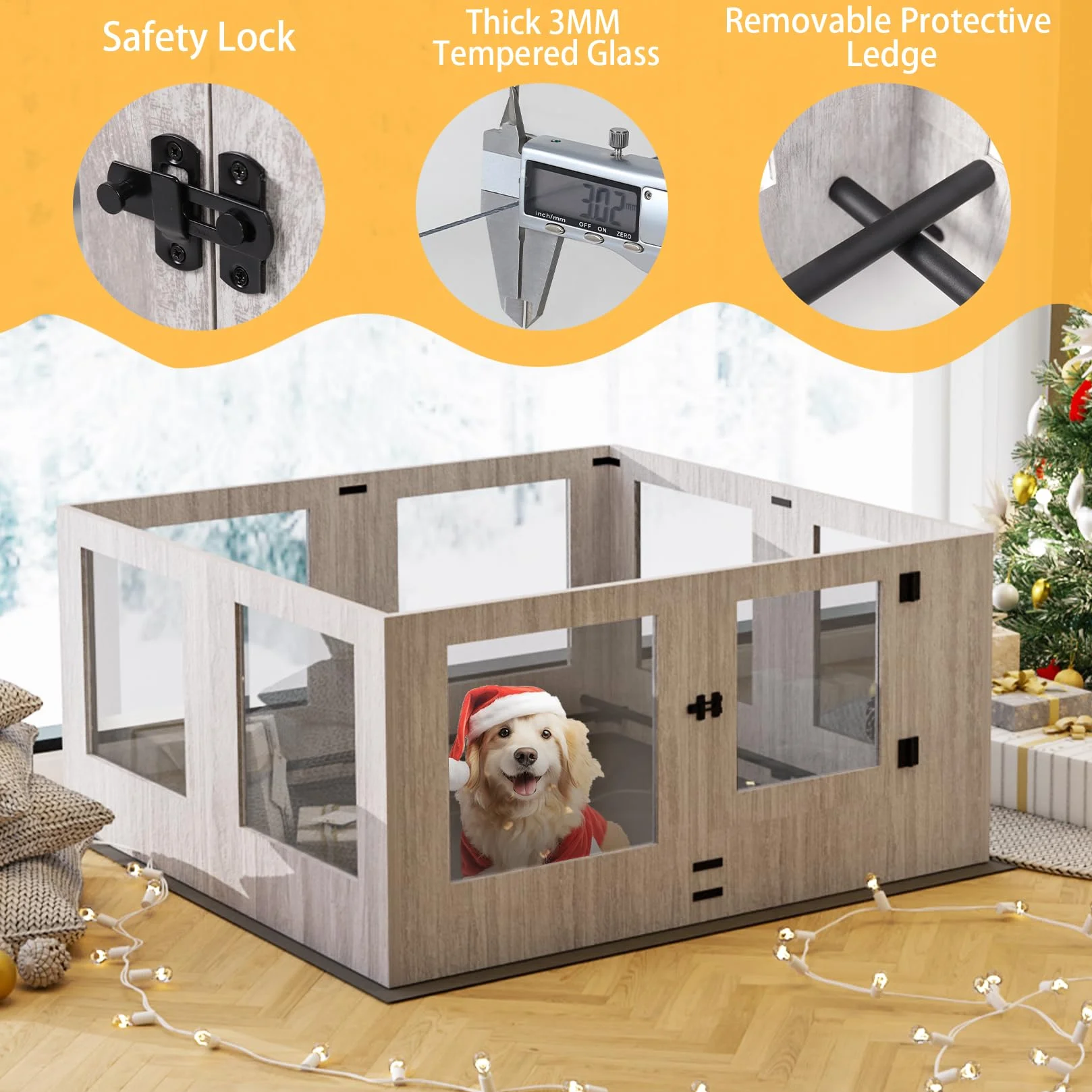 BingoPaw Parc pour Chien Intérieur Carré Enclos Grand avec Porte Verre Trempé Tapis 120x118.6x60cm