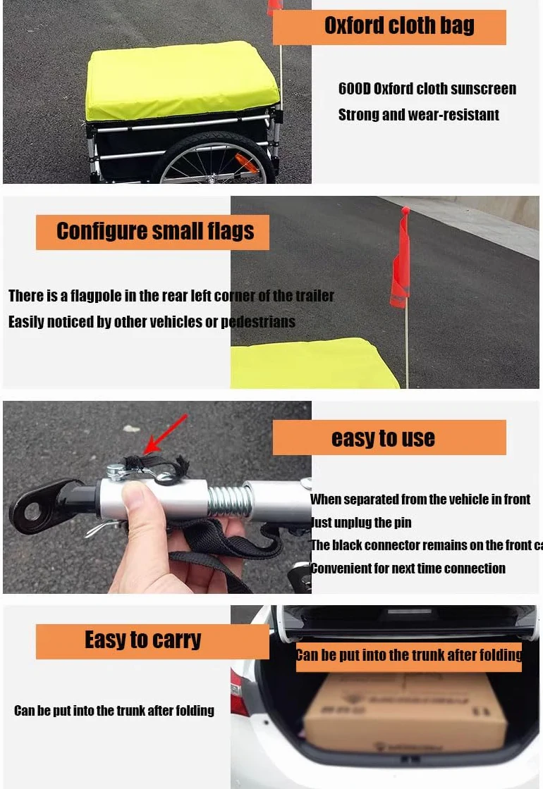 Remorque de vélo pour le camping et les aventures tout-terrain, design pliable pour un rangement et un transport faciles, compatible avec les vélos électriques