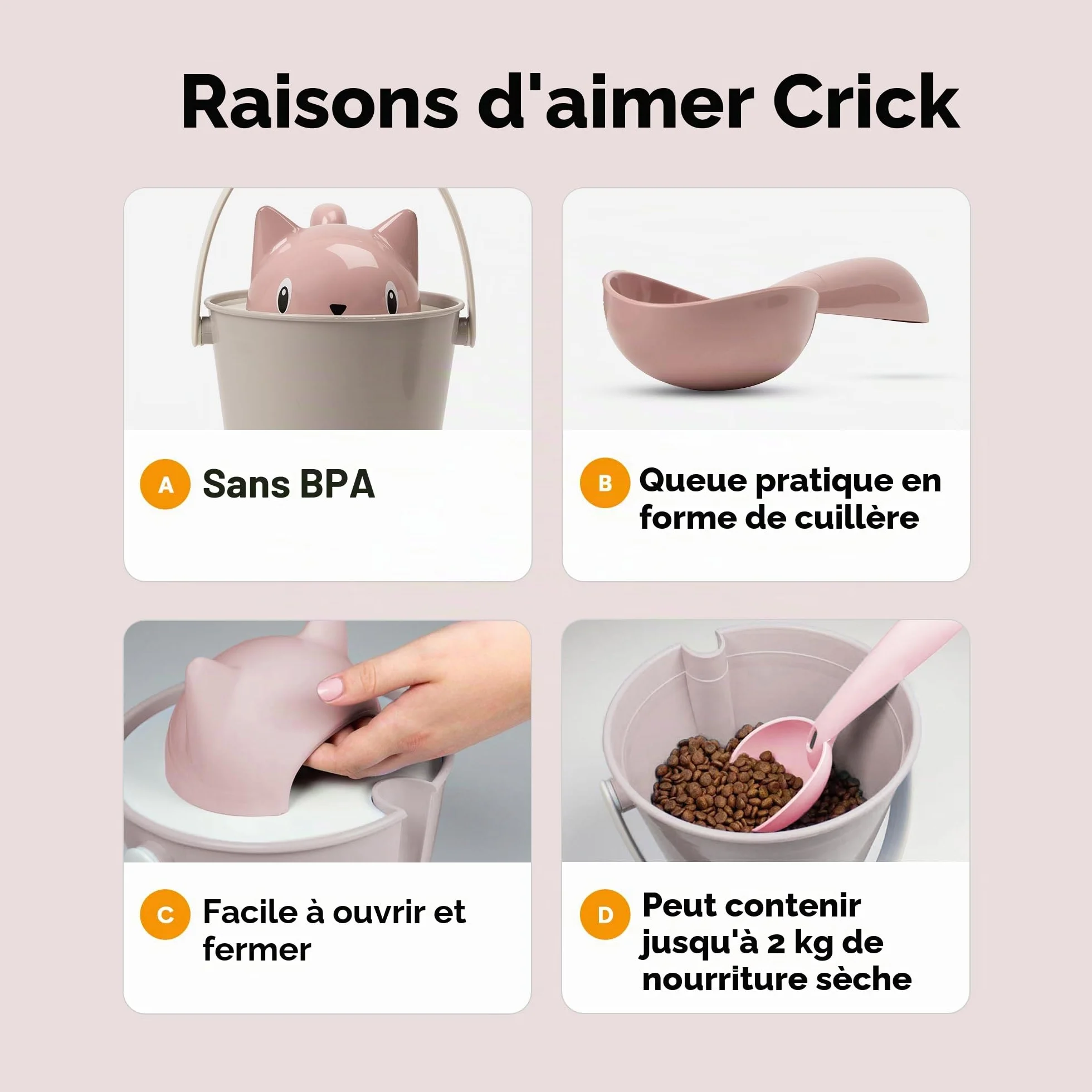 United Pets Crick Seau à Croquettes pour Chats Rose Gris Cuillère Mesure Incluse