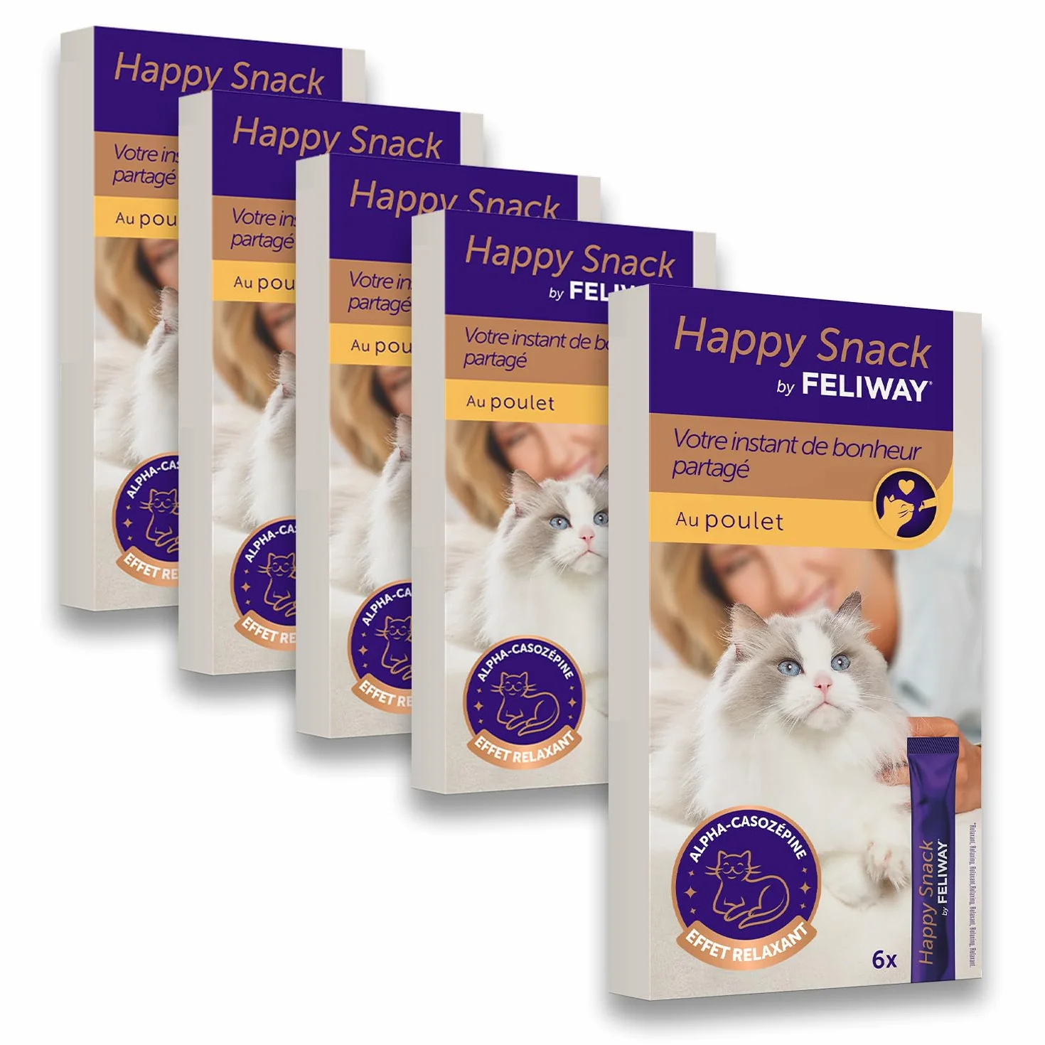 Happy Snack by FELIWAY - Pack de 5 boits - Friandise Onctueuse Relaxante pour Chat - Appréciée par 86% des Chats - sans Somnolence - Au Poulet - 30 Sticks de 15g