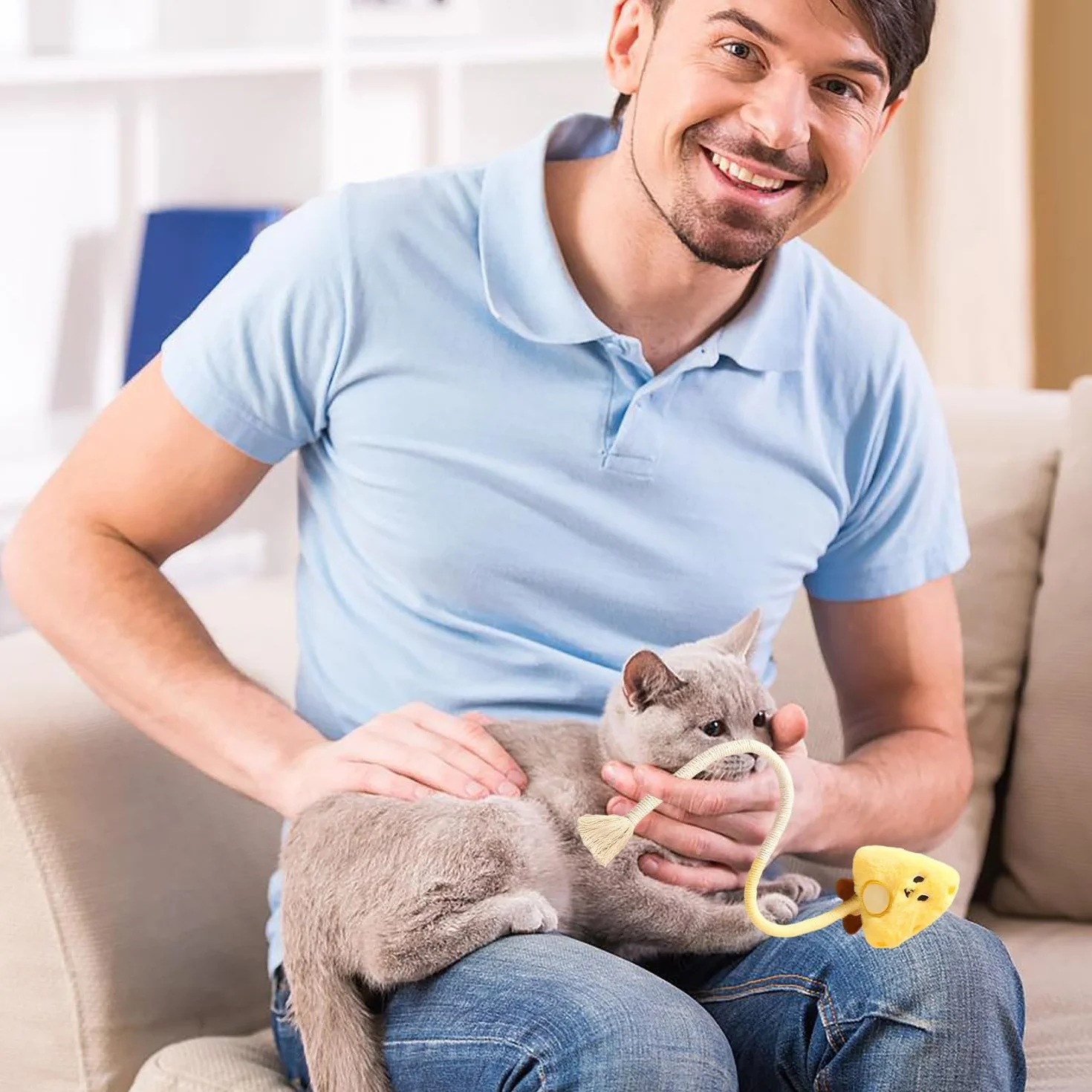 Jouet pour Chat Interactif à Mâcher Nettoyage des Dents Naturel Jaune