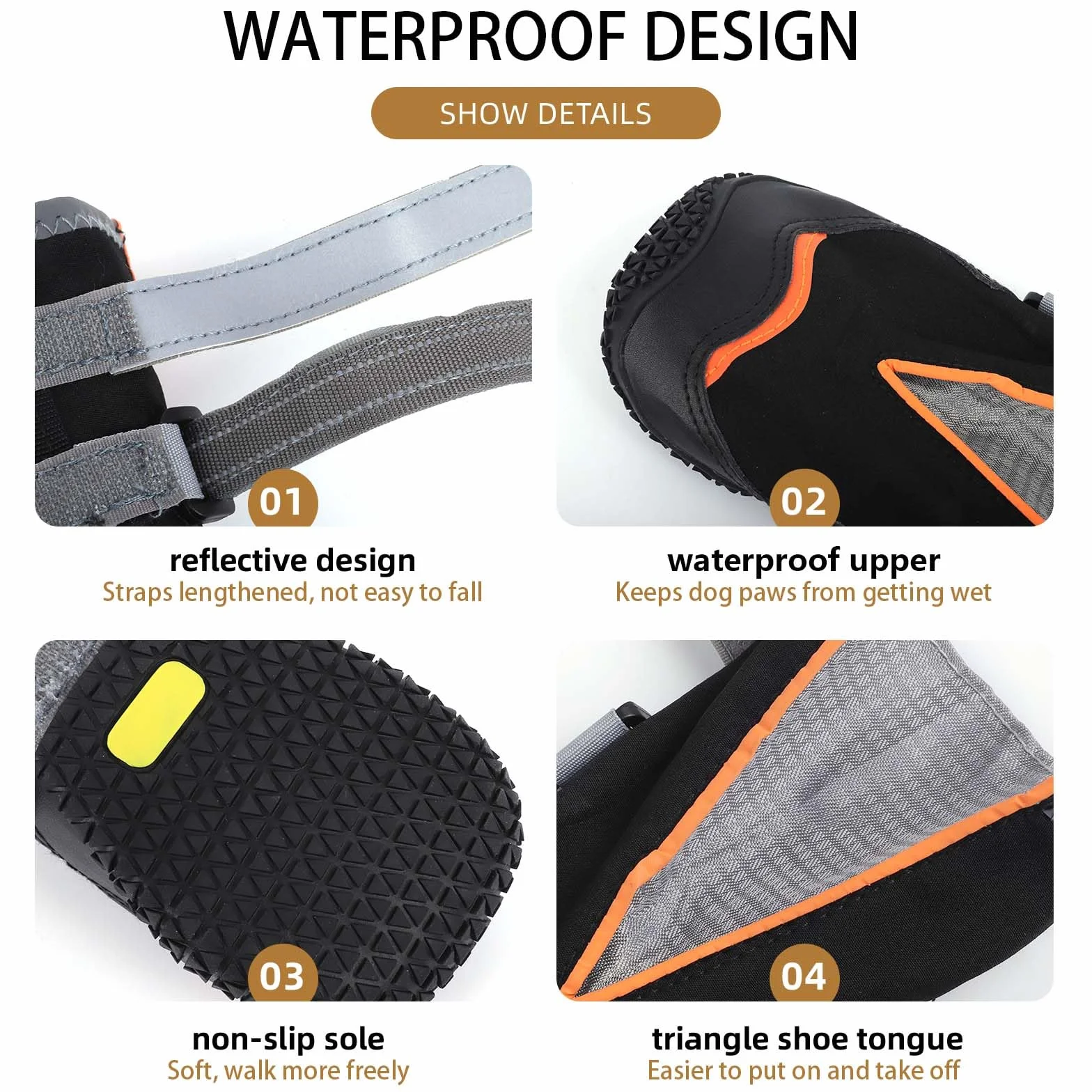 OHCOZZY Imperméables Bottines Chien Antidérapantes Sangles Réfléchissantes Semelles Résistant à l'usure 4 Pièces Orange