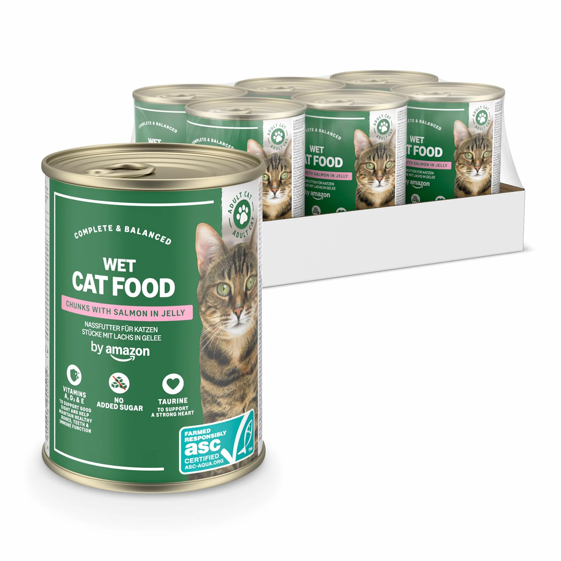 Amazon Nourriture humide pour chat sans céréales, morceaux de saumon ASC en gelée, 6 x 405 g