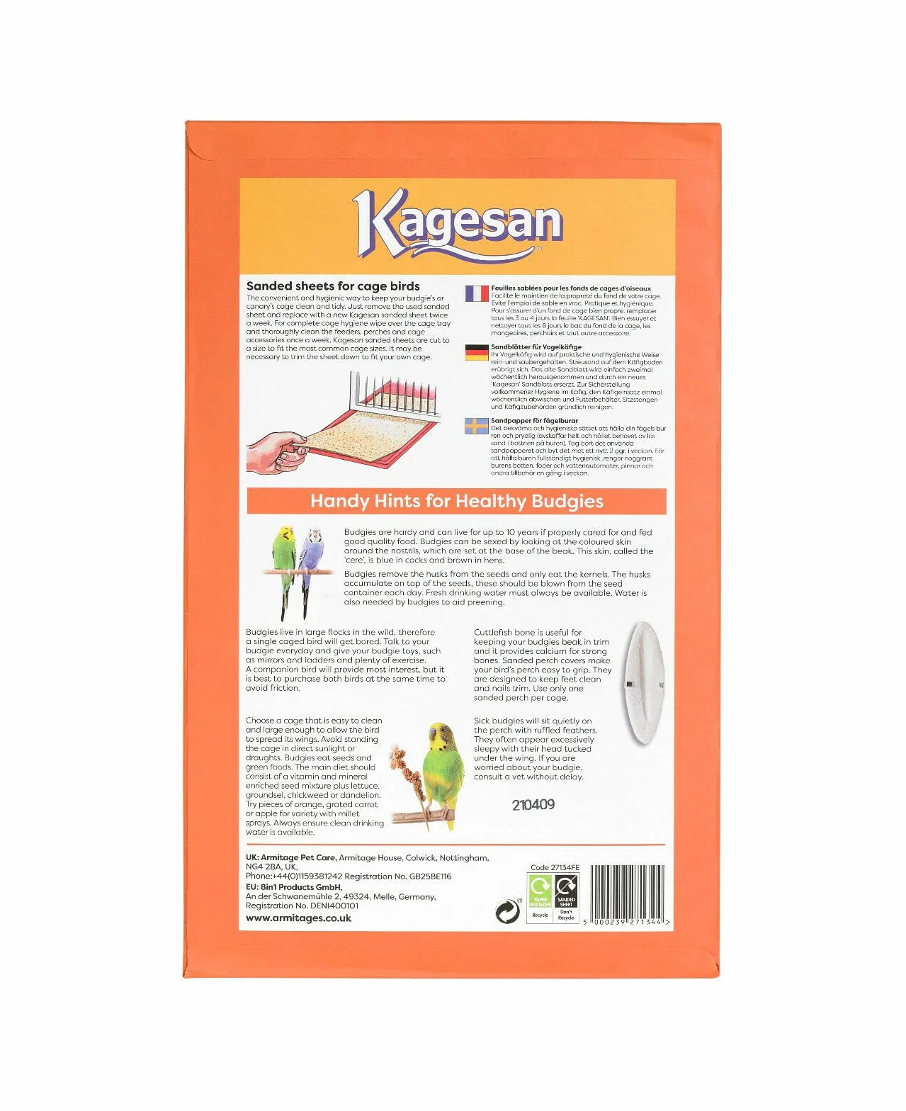 Kagesan Lot de 24 Feuilles Papier Sable pour Cage à Oiseaux 35 x 21 cm Orange