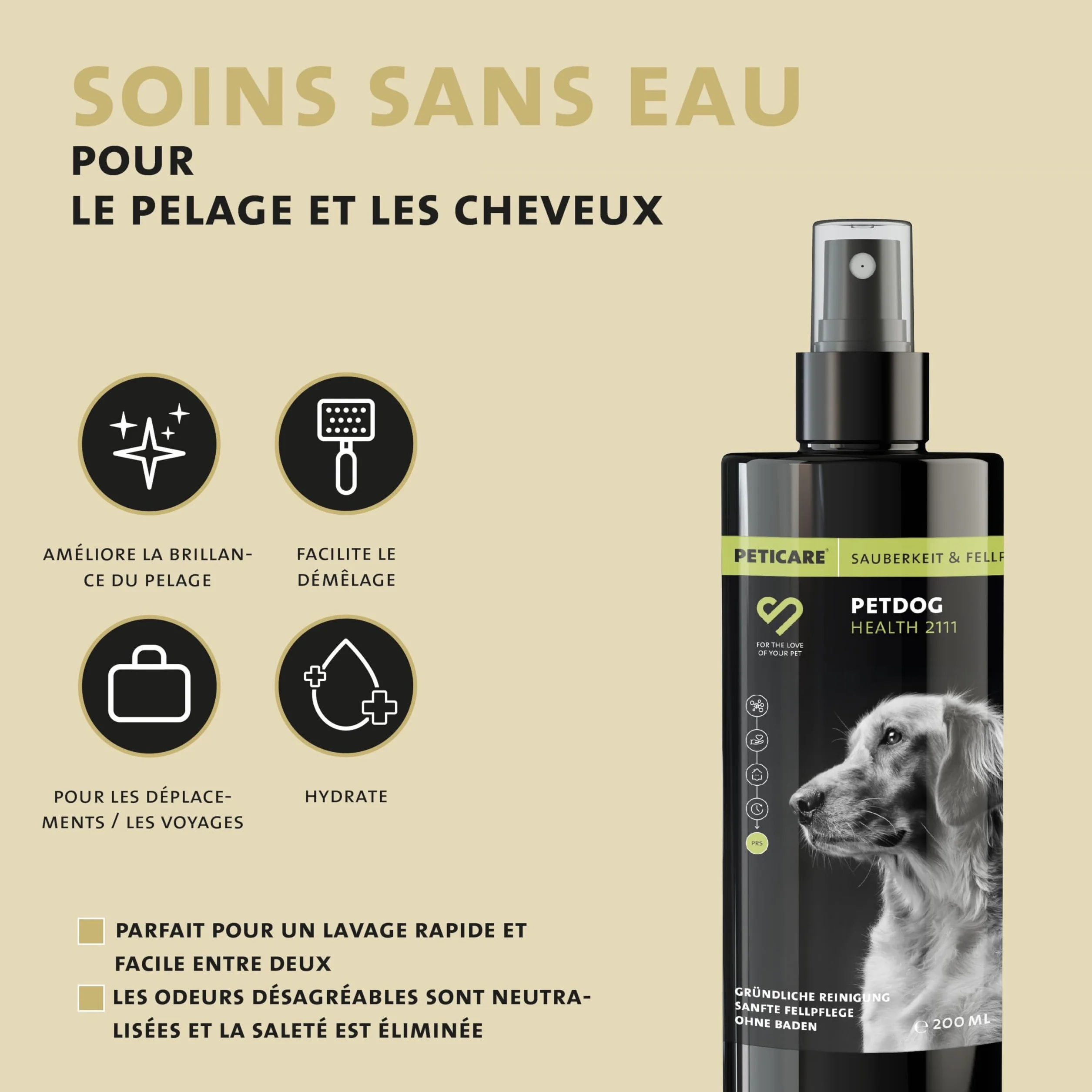Peticare Shampoo Sec Naturel pour Chiens | Nettoyage sans Stress et Eau | Contre la saleté, Les odeurs | Soin du Pelage pour Tous Types de Poils | avec Huile d'argan et de Coco | petDog Health 2111