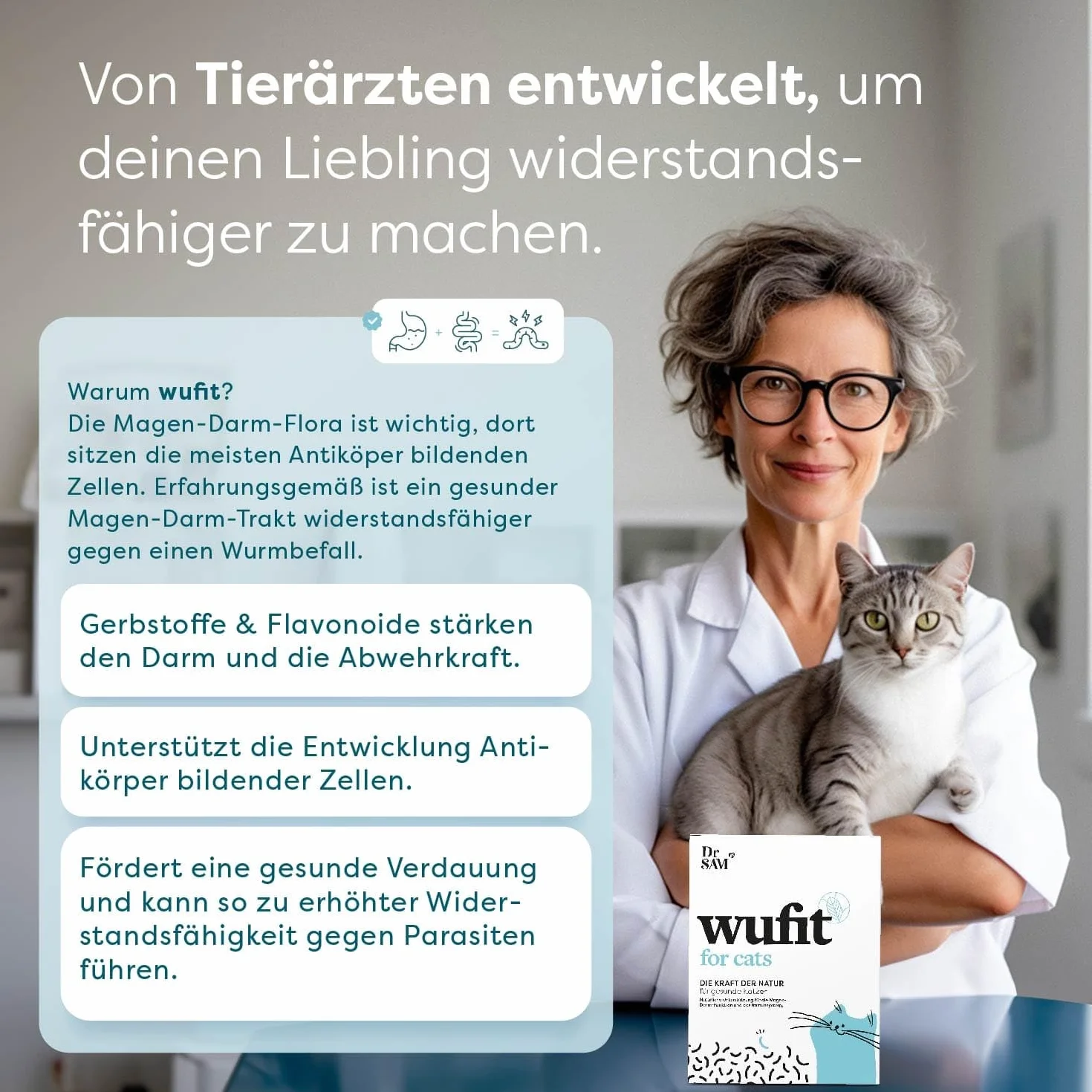 Dr. SAM wufit pour Chats à Base de Plantes - Paquet mensuel - Soutien Gastro-intestinal Naturel après Infestation de Vers (Moins de 5kg)