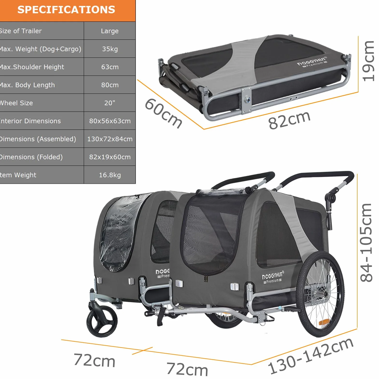 Doggyhut Premium L Remorque de Velo 2 en 1 Grande Poussette remorque Velo pour Chien de Taille Moyenne et Grande Chiens Maximum 35 kg