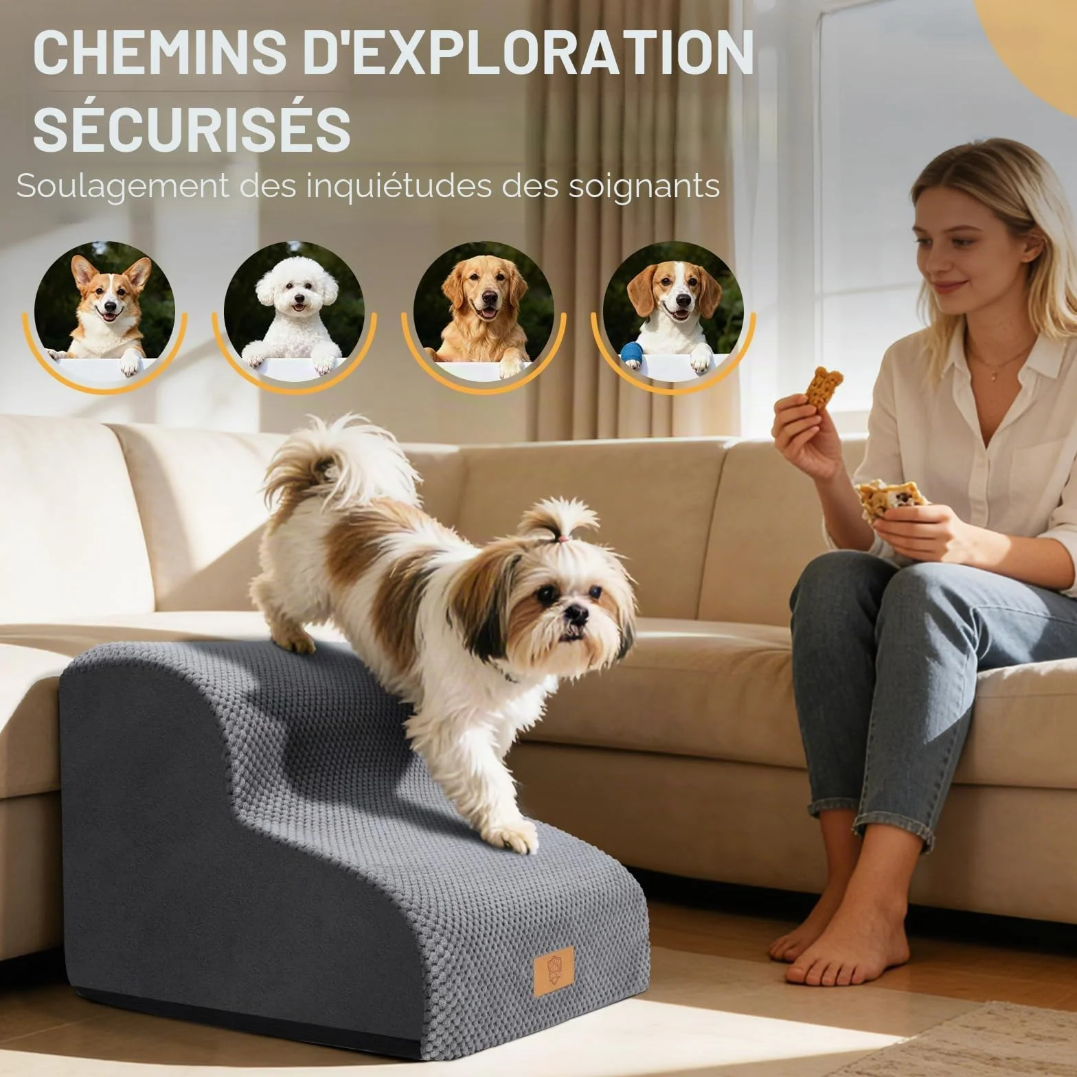 Escalier pour Chiens et Chats 2 Marches, Rampe pour Animaux en Mousse Haute Densité avec Couvercle Amovible