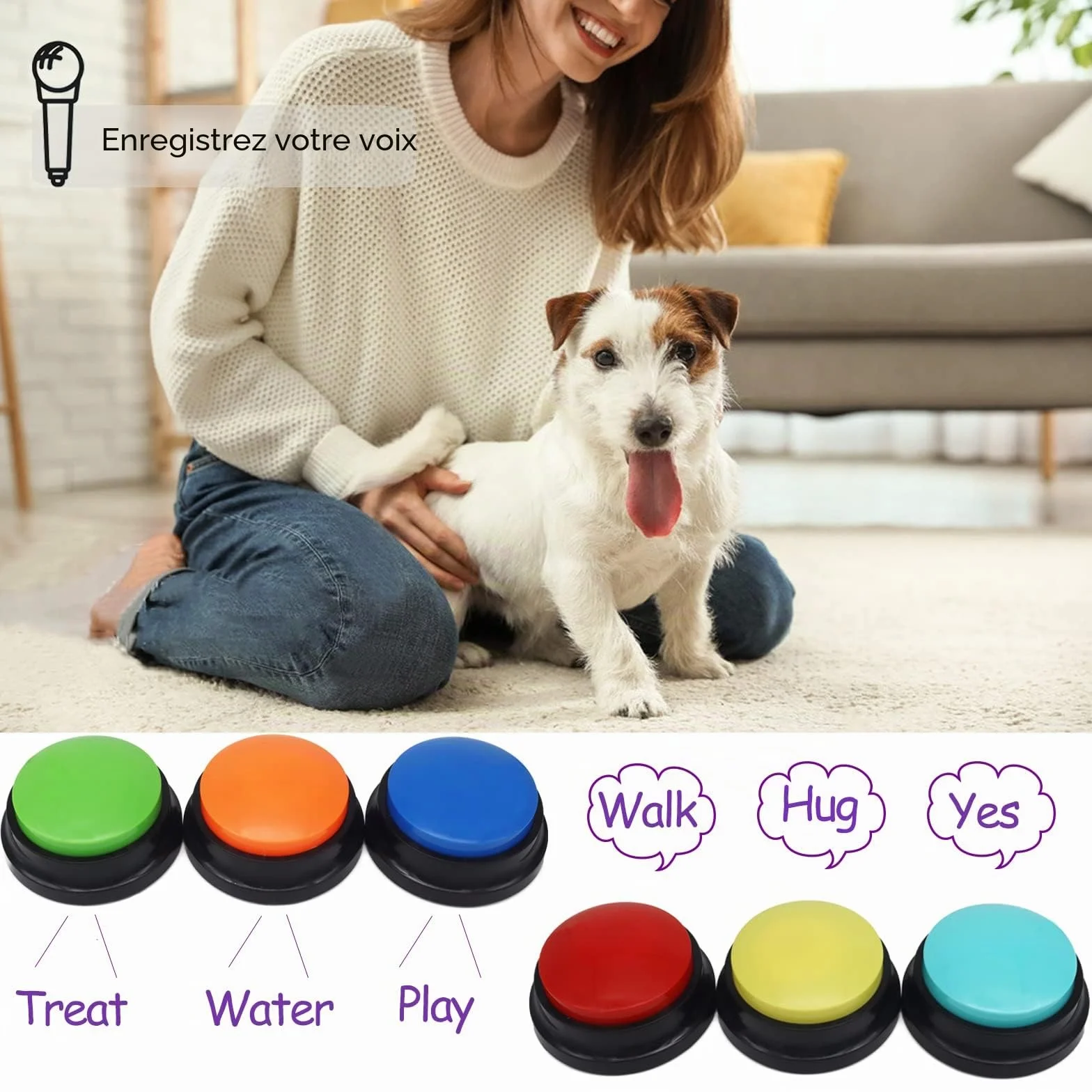 Lot de 6 boutons d'enregistrement vocal, boutons pour chien pour la communication et le dressage des animaux de compagnie, enregistrement et lecture de 30 secondes, bureau, maison