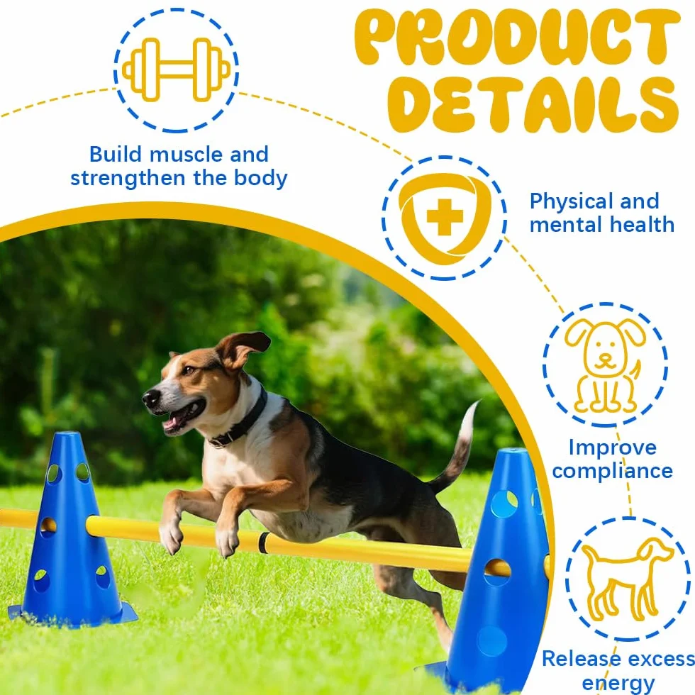 Agility Kit d'Obstacles pour Chiens et Enfants, Ensemble de Barrières Enfichables, 8 Cônes 23 cm + 4 Barres 81 cm