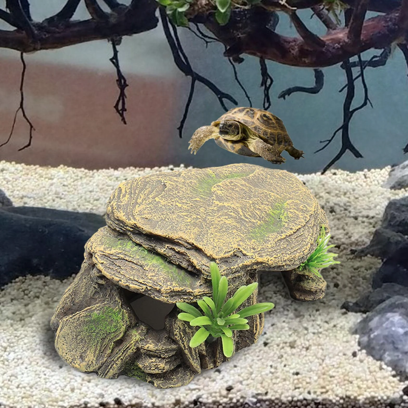 Habitat pour tortues - Grande grotte pour reptiles, rocher décoratif en résine, plateforme de repos pour amphibiens