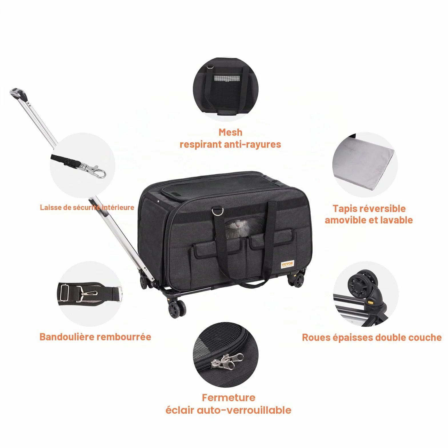VEVOR Sac à Roulettes pour Chat Chien 15,8 kg Sac de Transport Animaux Poignée Télescopique Noir