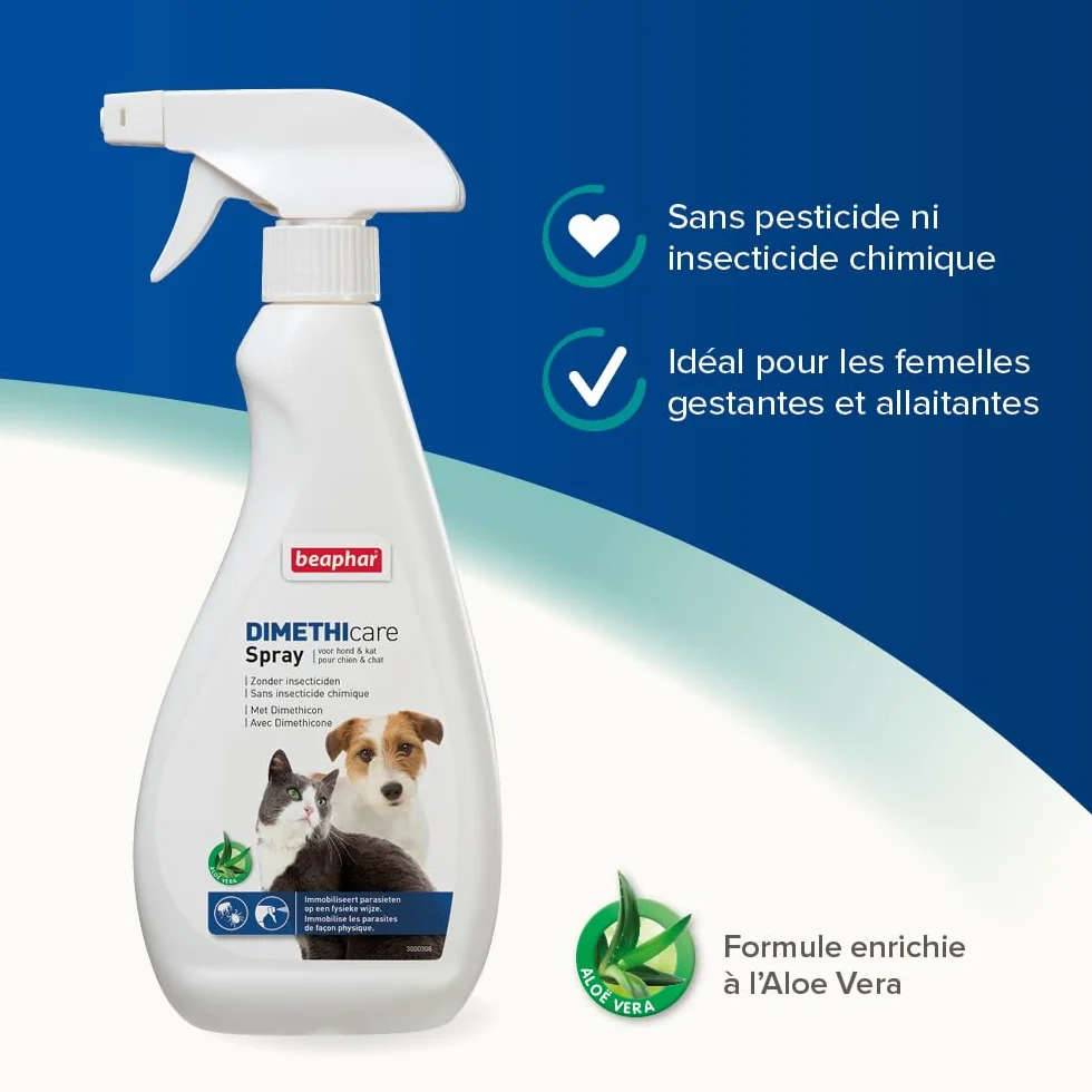 BEAPHAR DIMETHICARE Spray Stop Parasites Chien Chat 250ml Contre puces tiques poux aoûtats Sans pesticide Aloe Vera